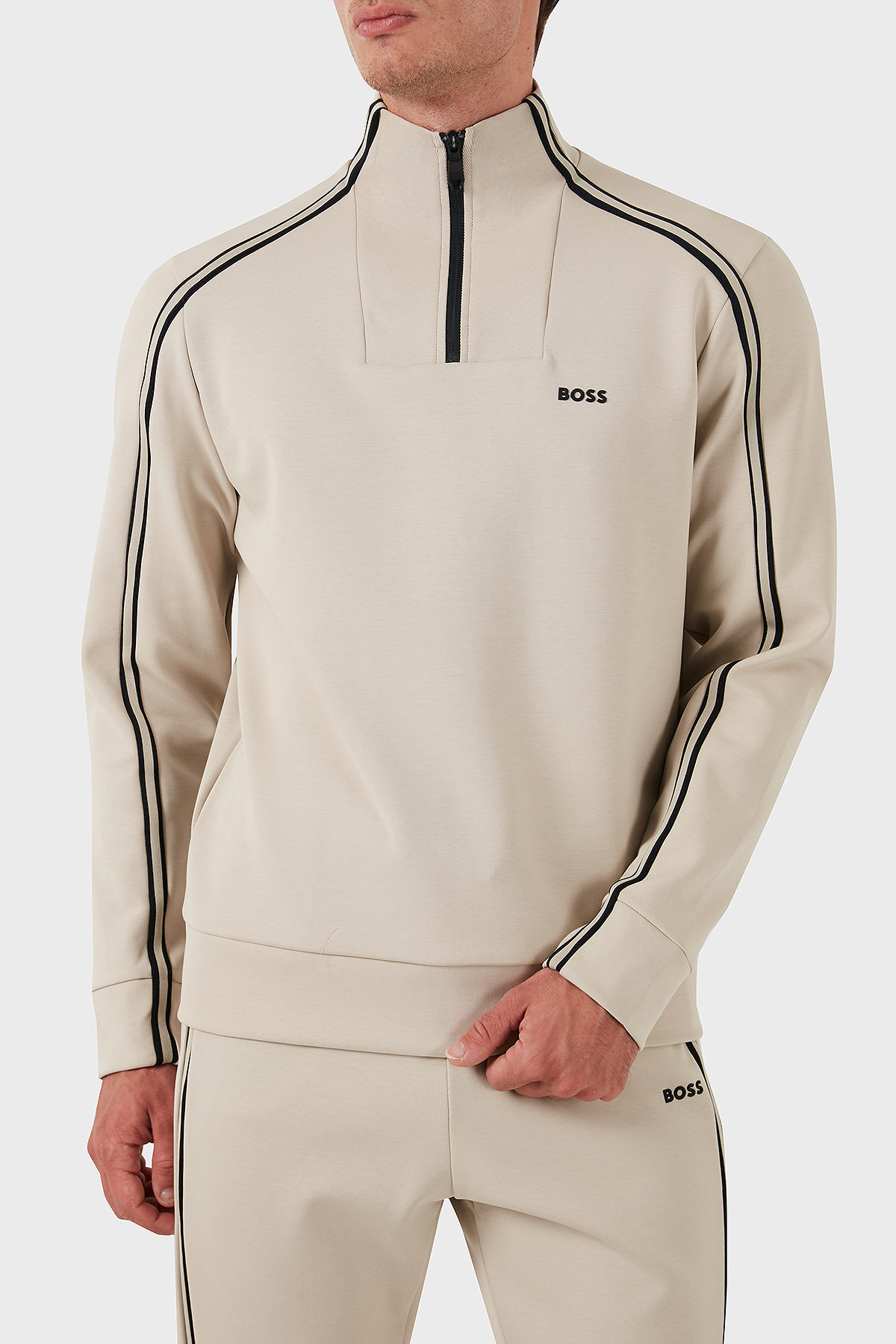 Boss Pamuklu Logolu Slim Fit Yarım Fermuarlı Dik Yaka Erkek Sweat 50523911 271 BEJ