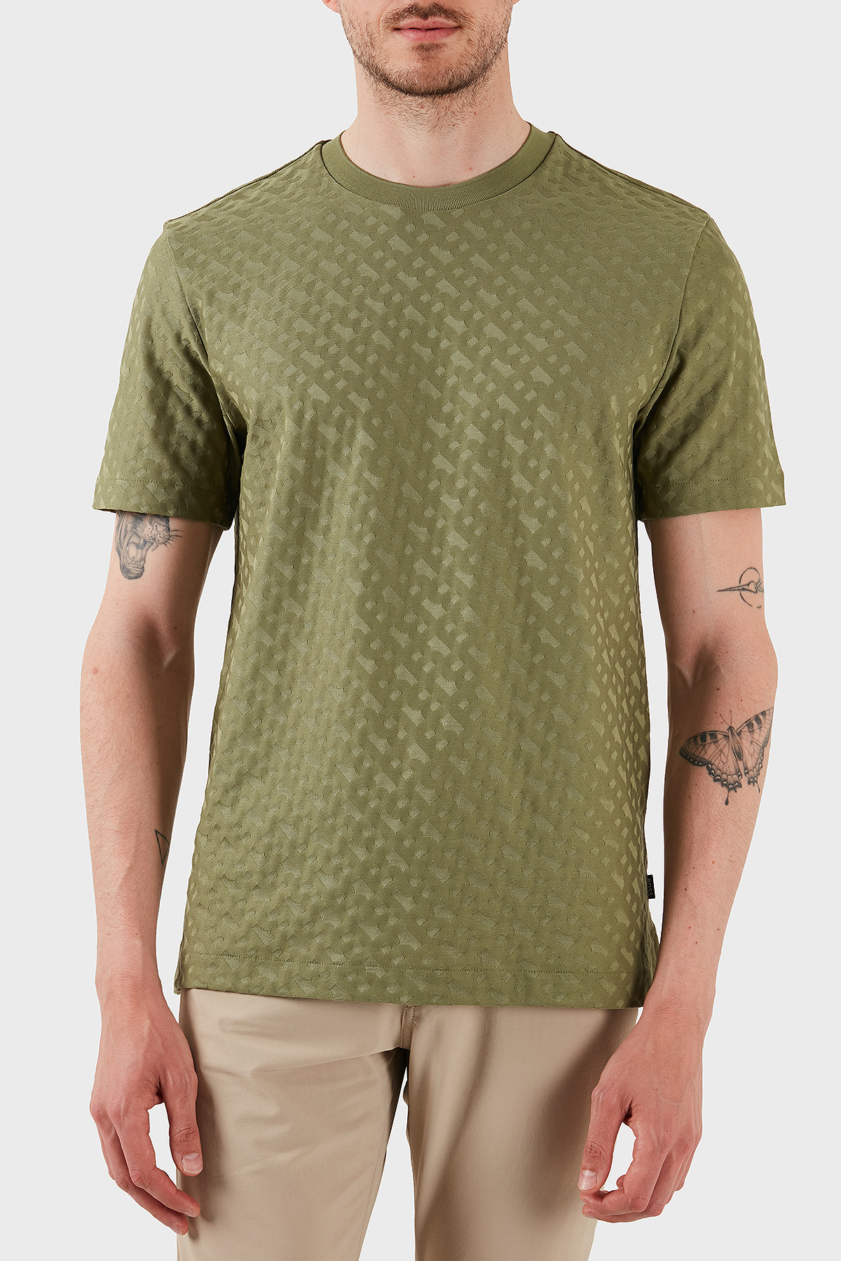 Boss Pamuklu Monogram Logo Baskılı Regular Fit Bisiklet Yaka Erkek T Shirt 50537131 311 AÇIK YEŞİL