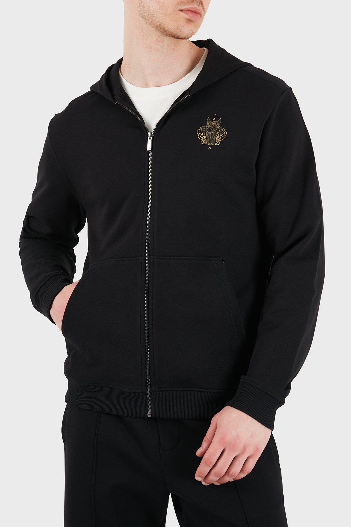 Boss Pamuklu Regular Fit Logolu Fermuarlı Kapüşon Yaka Erkek Sweat 50556427 001 SİYAH