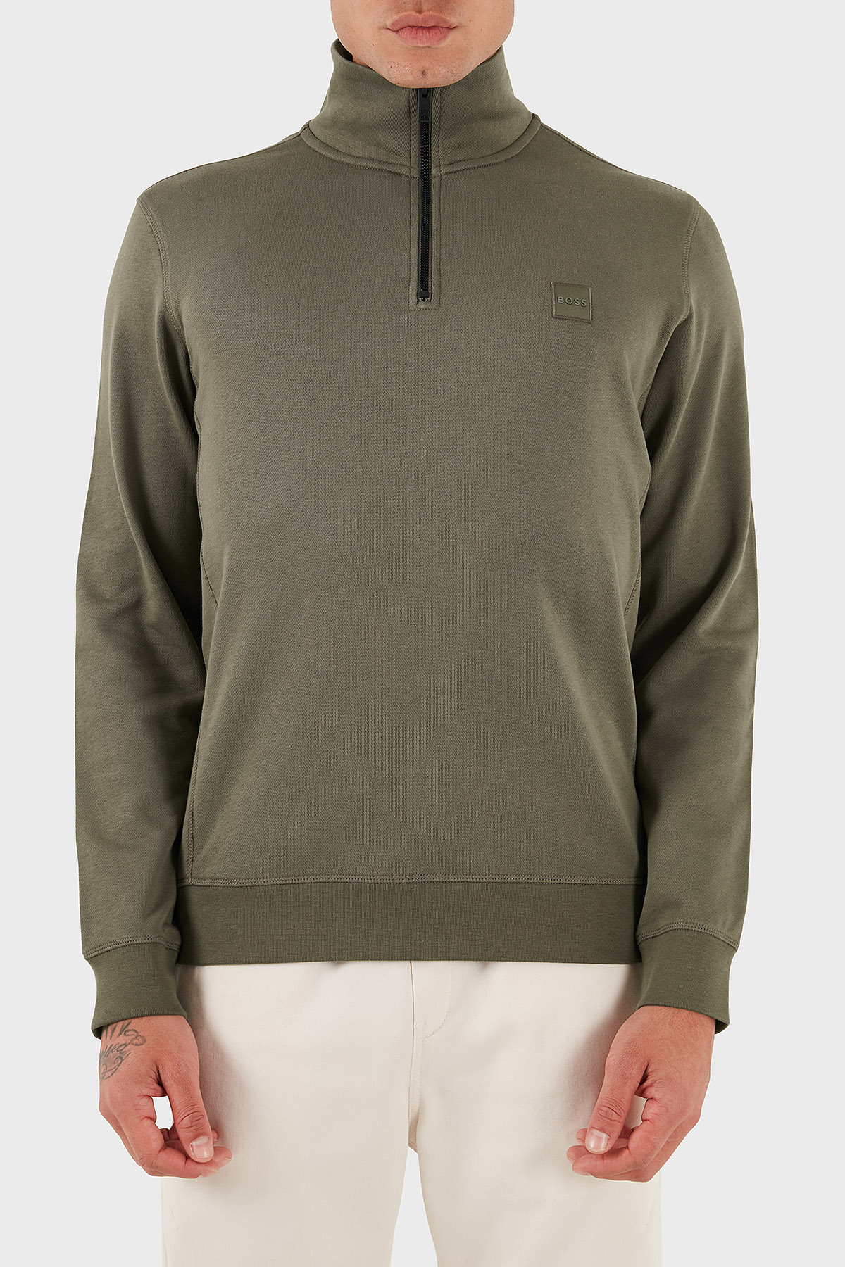 Boss Pamuklu Regular Fit Yarım Fermuarlı Dik Yaka Erkek Sweat 50468926 342 HAKİ