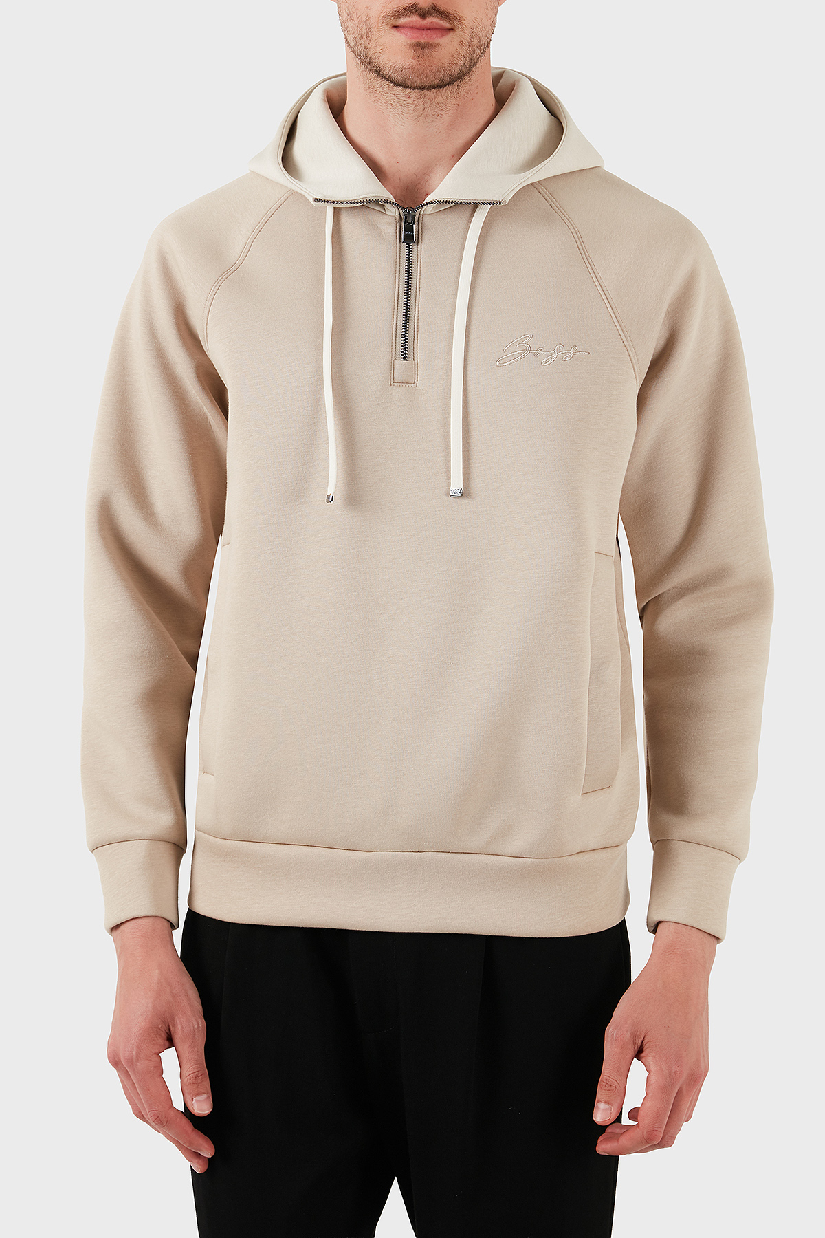 Boss Pamuklu Relaxed Fit Yarım Fermuarlı Kapüşonlu Yaka Erkek Sweat 50531360 275 BEJ