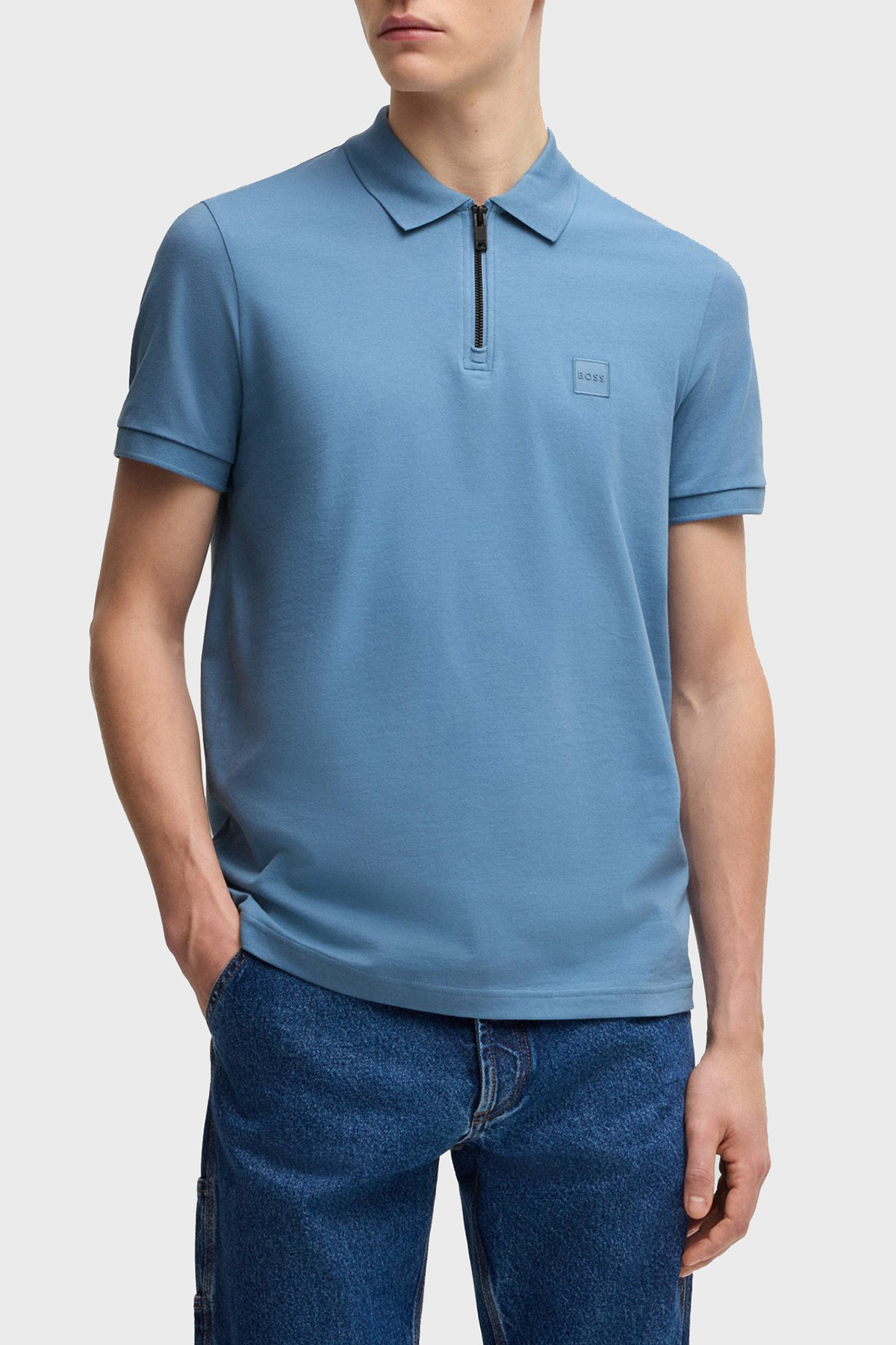 Boss Pamuklu Slim Fit Yarım Fermuarlı Erkek Polo Yaka T Shirt 50537507 462 MAVİ