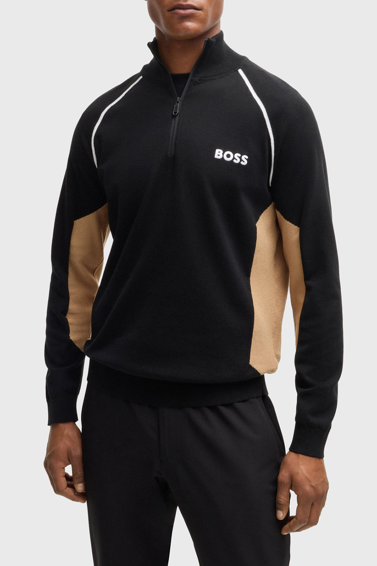 Boss Pamuklu Yarım Fermuarlı Dik Yaka Erkek Kazak 50519377 001 SİYAH