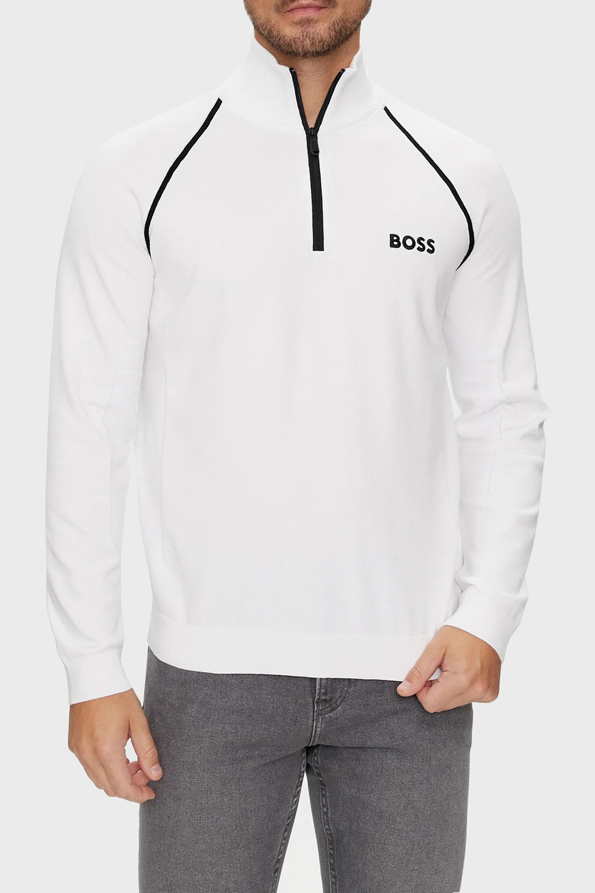 Boss Pamuklu Yarım Fermuarlı Dik Yaka Erkek Kazak 50519377 100 BEYAZ