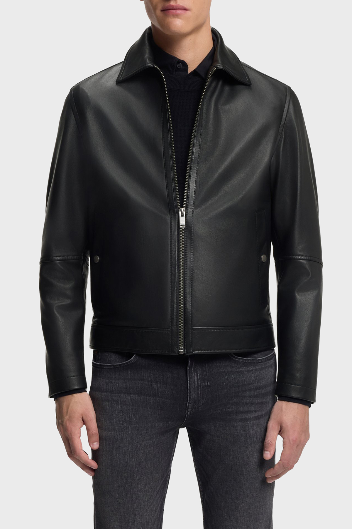 Boss Regular Fit Klasik Yaka Fermuarlı Hakiki Erkek Deri Ceket 50552141 001 SİYAH
