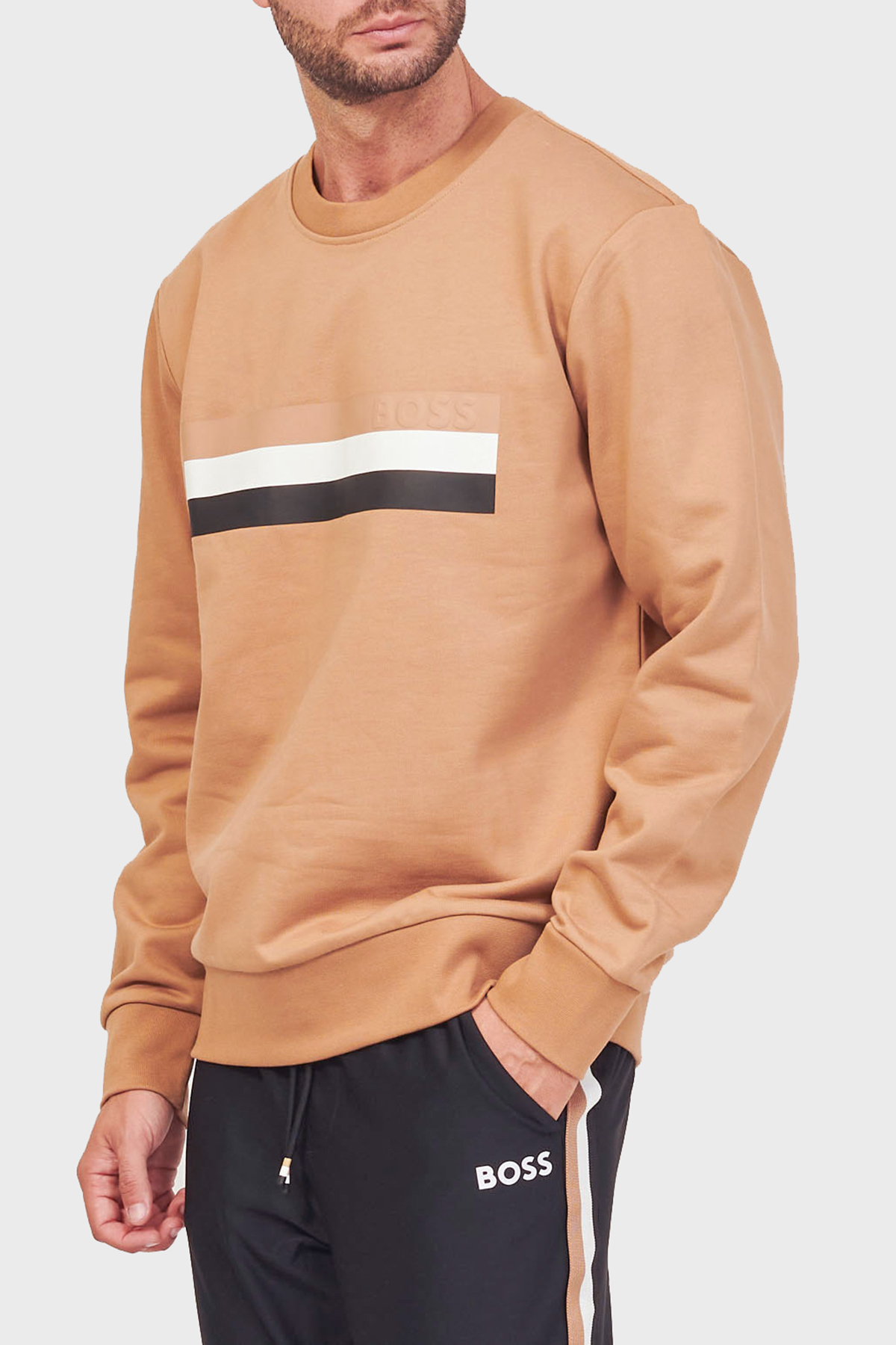 Boss Şeritli Organik Pamuklu Bisiklet Yaka Relaxed Fit Erkek Sweat 50501498 260 TABA
