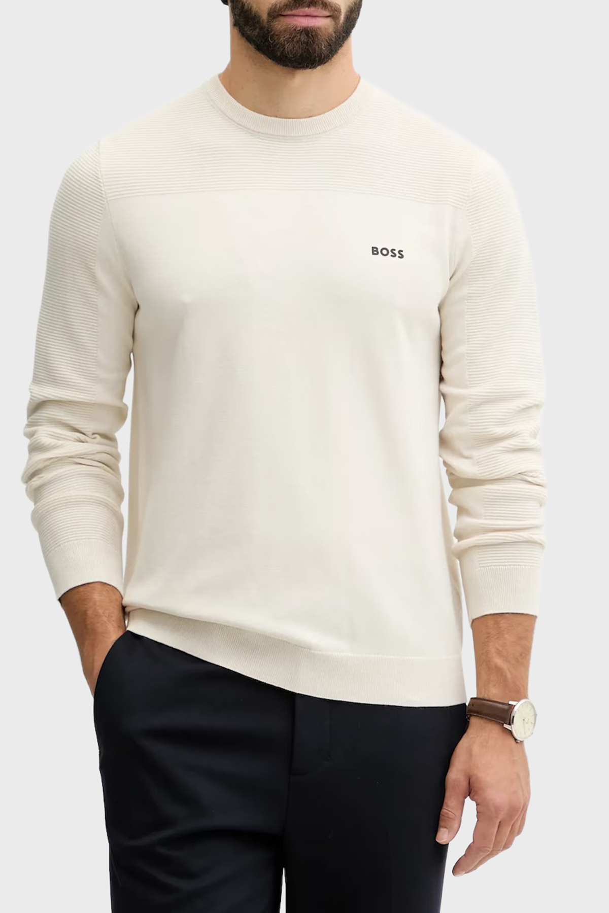 Boss Yün Karışımlı Regular Fit Bisiklet Yaka Erkek Kazak 50547507 131 BEJ