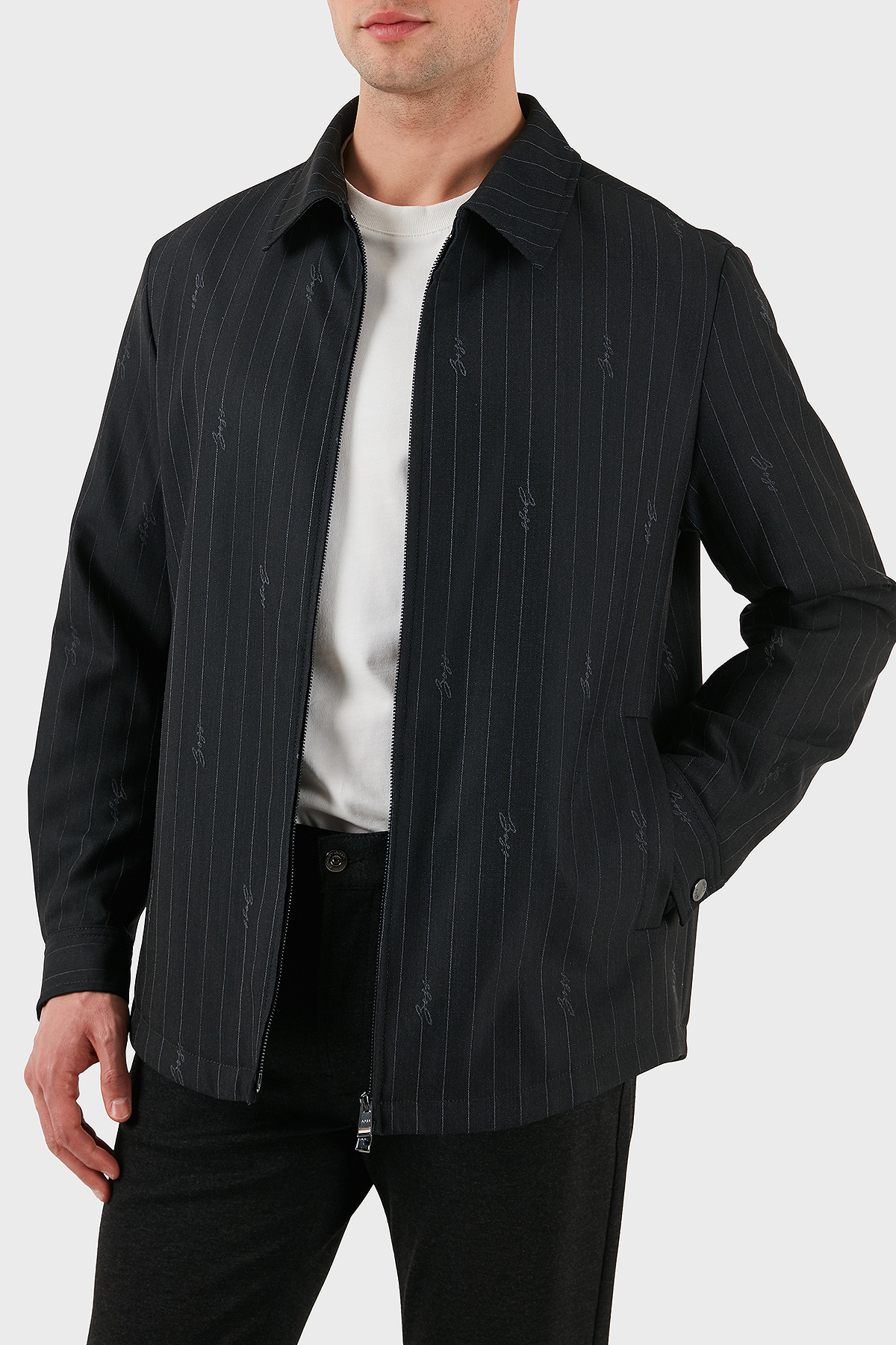 Boss Yün Karışımlı Relaxed Fit Fermuarlı Çizgili Erkek Ceket 50536787 030 SİYAH