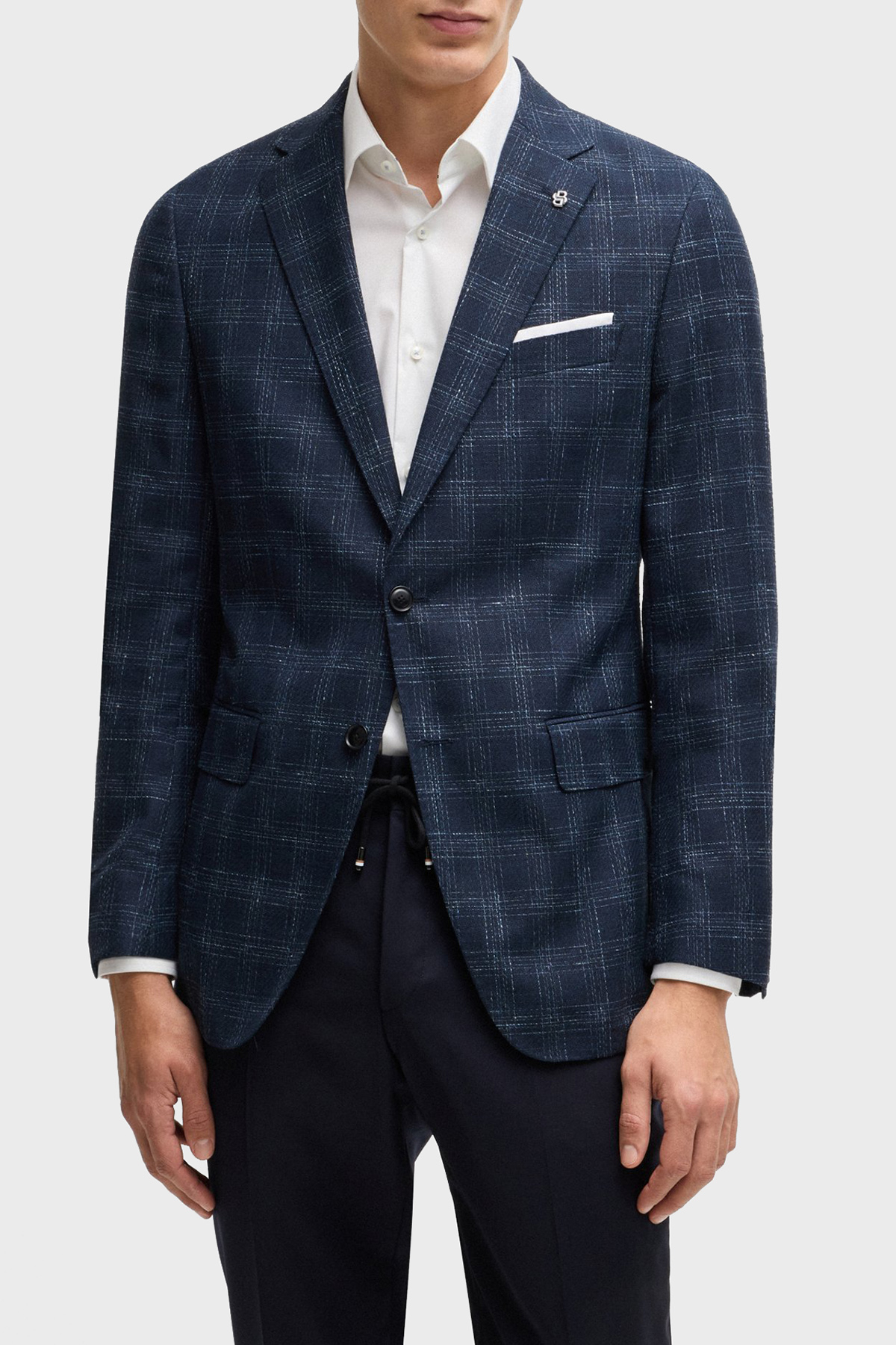 Boss Yün Karışımlı Slim Fit Mono Yaka Kareli Klasik Erkek Ceket 50535057 404 LACİVERT