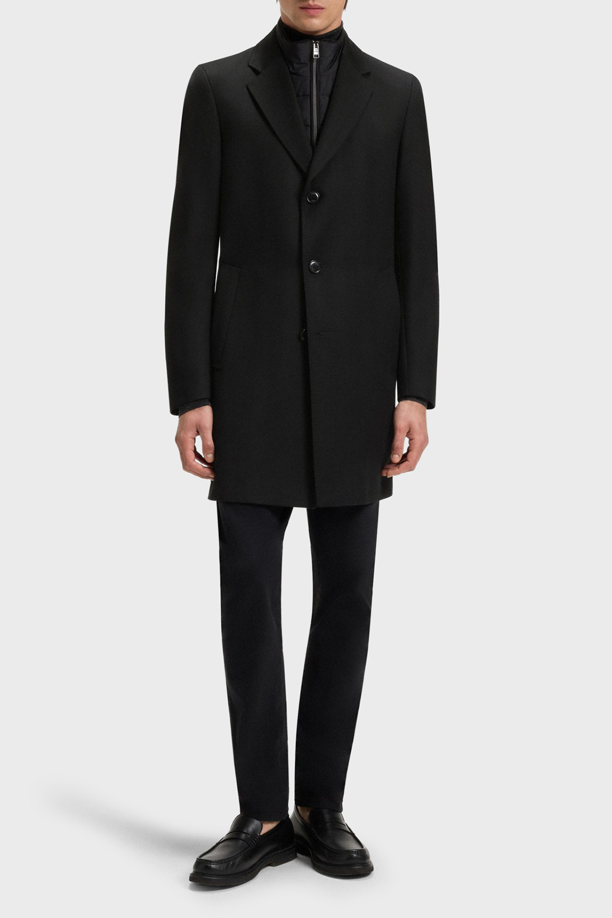 Boss Yün Karışımlı Su İtici Slim Fit Çıkarılabilir Yaka Uzun Erkek Kaban 50551117 001 SİYAH