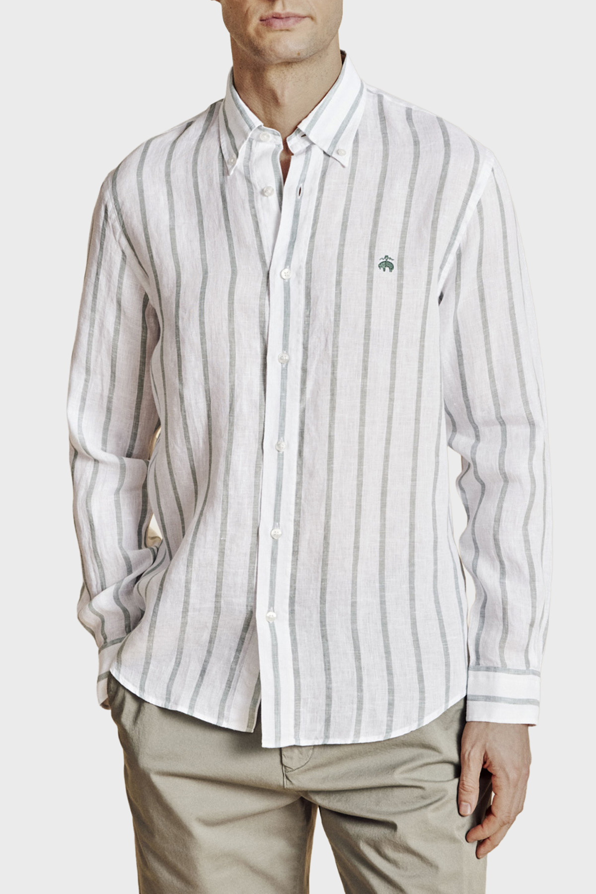 Brooks Brothers % 100 Keten Düğmeli Yaka Çizgili Erkek Gömlek BBSS26MSH013166 YEŞİL-BEYAZ