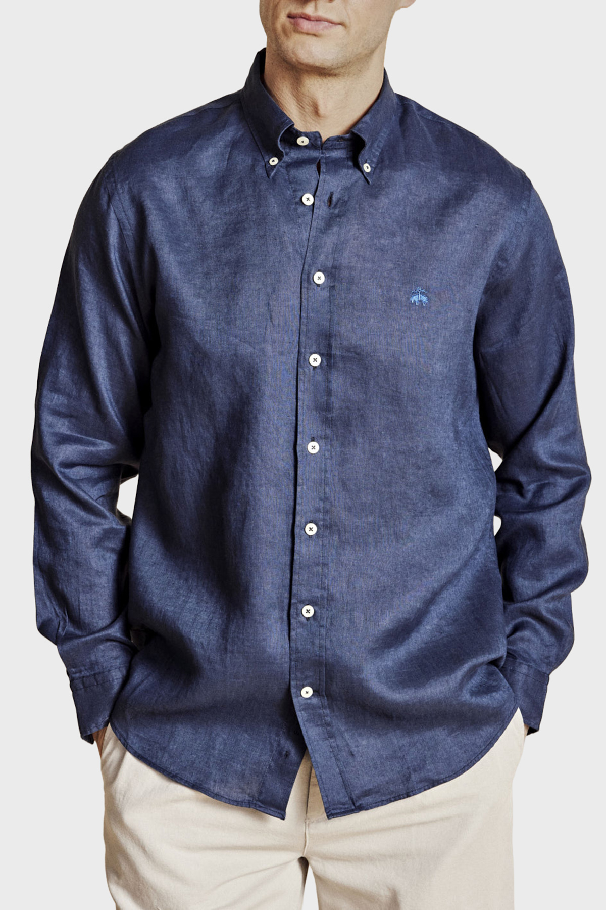 Brooks Brothers % 100 Keten Düğmeli Yaka Regular Fit Uzun Kollu Erkek Gömlek BBSS26MSH022137 LACİVERT