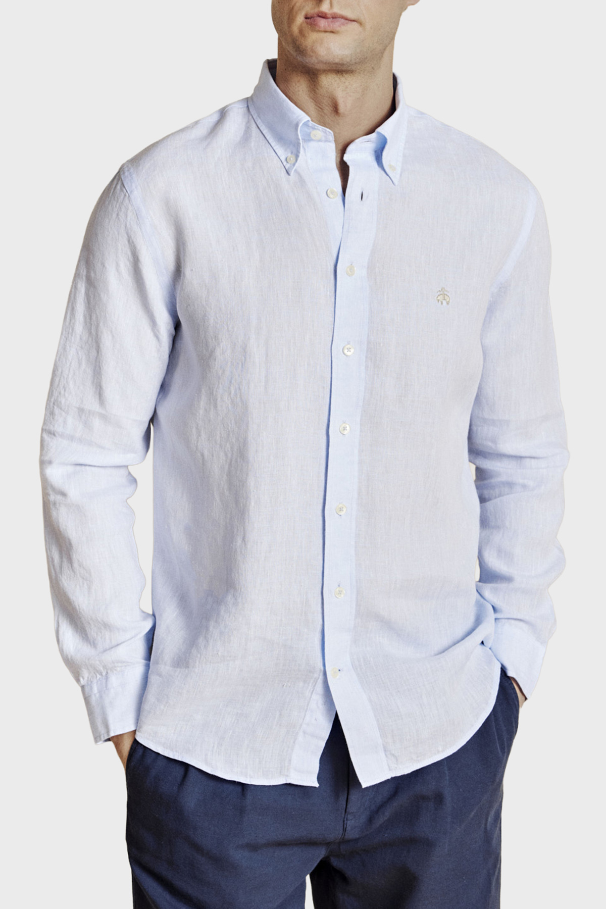 Brooks Brothers % 100 Keten Regular Fit Düğmeli Yaka Erkek Gömlek BBSS26MSH022116 AÇIK MAVİ