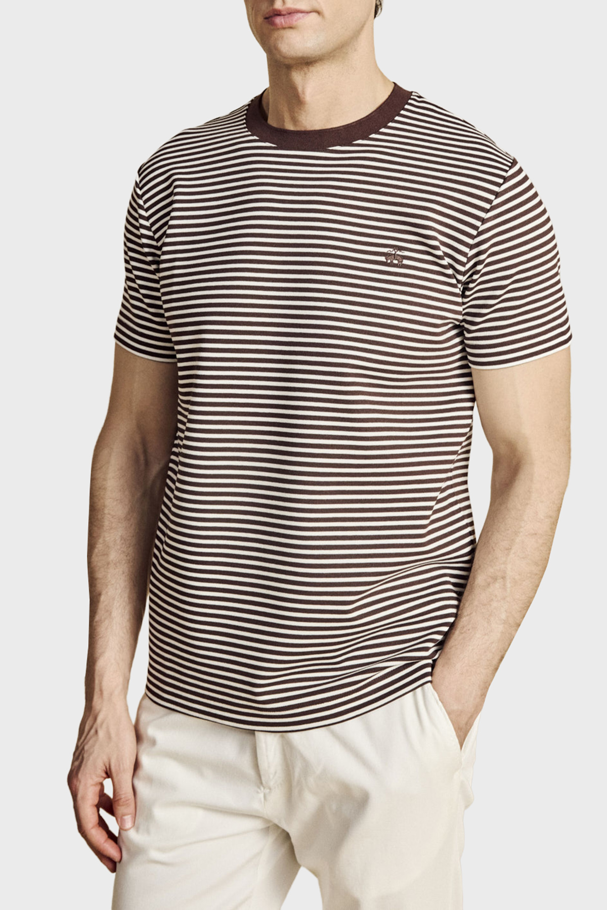 Brooks Brothers Bisiklet Yaka Çizgili T-shirt Erkek T Shirt BBSS26MTS016292 KAHVE-EKRU
