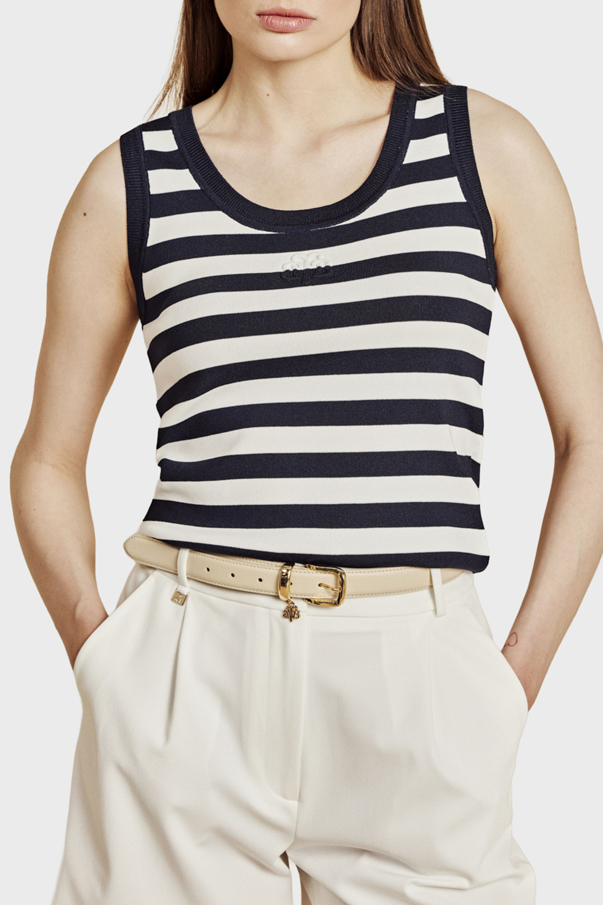 Brooks Brothers Çizgili Bisiklet Yaka Kadın Atlet BBSS26FKT010388 Lacivert-Kırık Beyaz