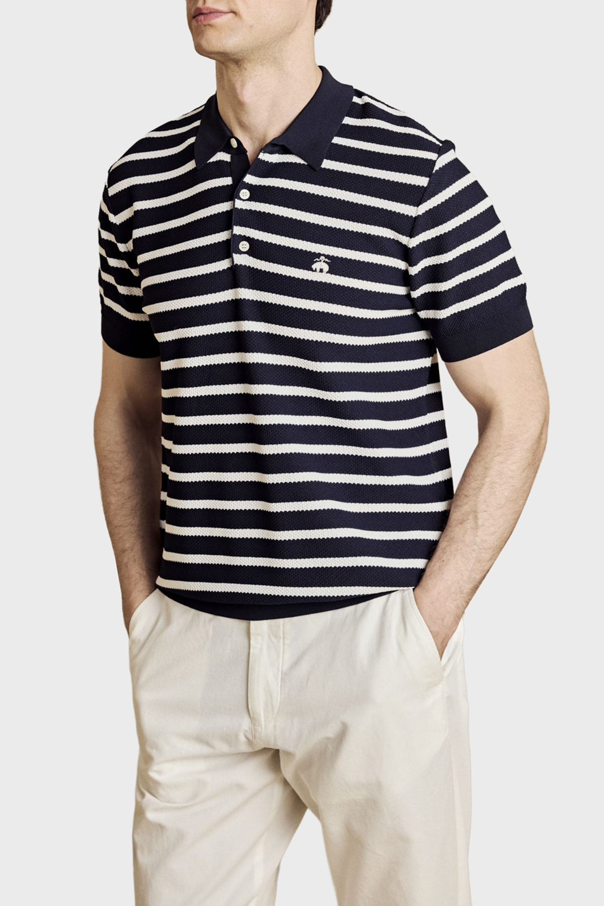 Brooks Brothers Çizgili Rayon Kısa Kollu Düğmeli Erkek Polo Yaka Kazak BBSS26MKL004388 Lacivert Kırık Beyaz