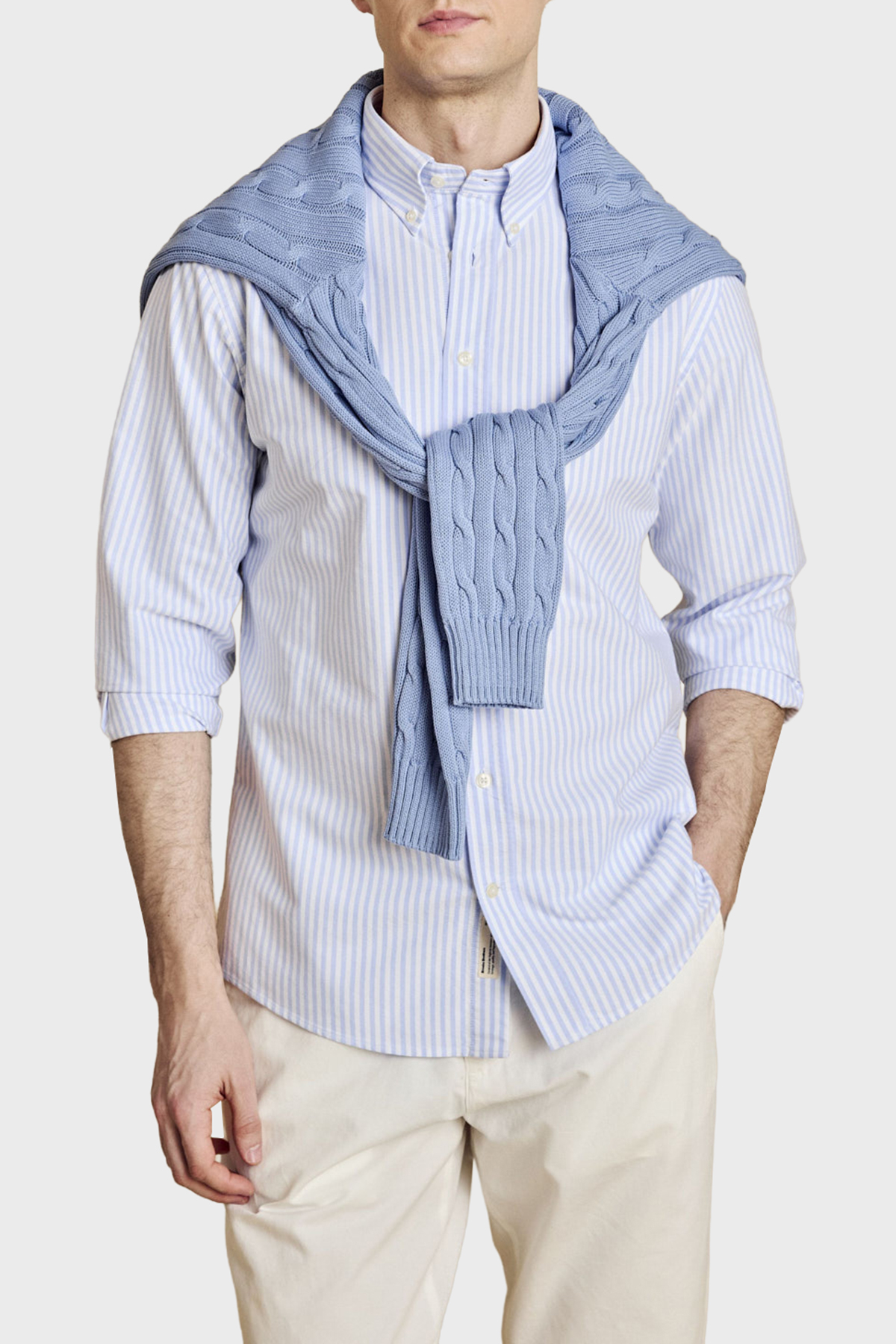 Brooks Brothers Düğmeli Yaka Regular Fit %100 Pamuk Oxford Çizgili Erkek Gömlek BBSS26MSH021145 Beyaz Mavi