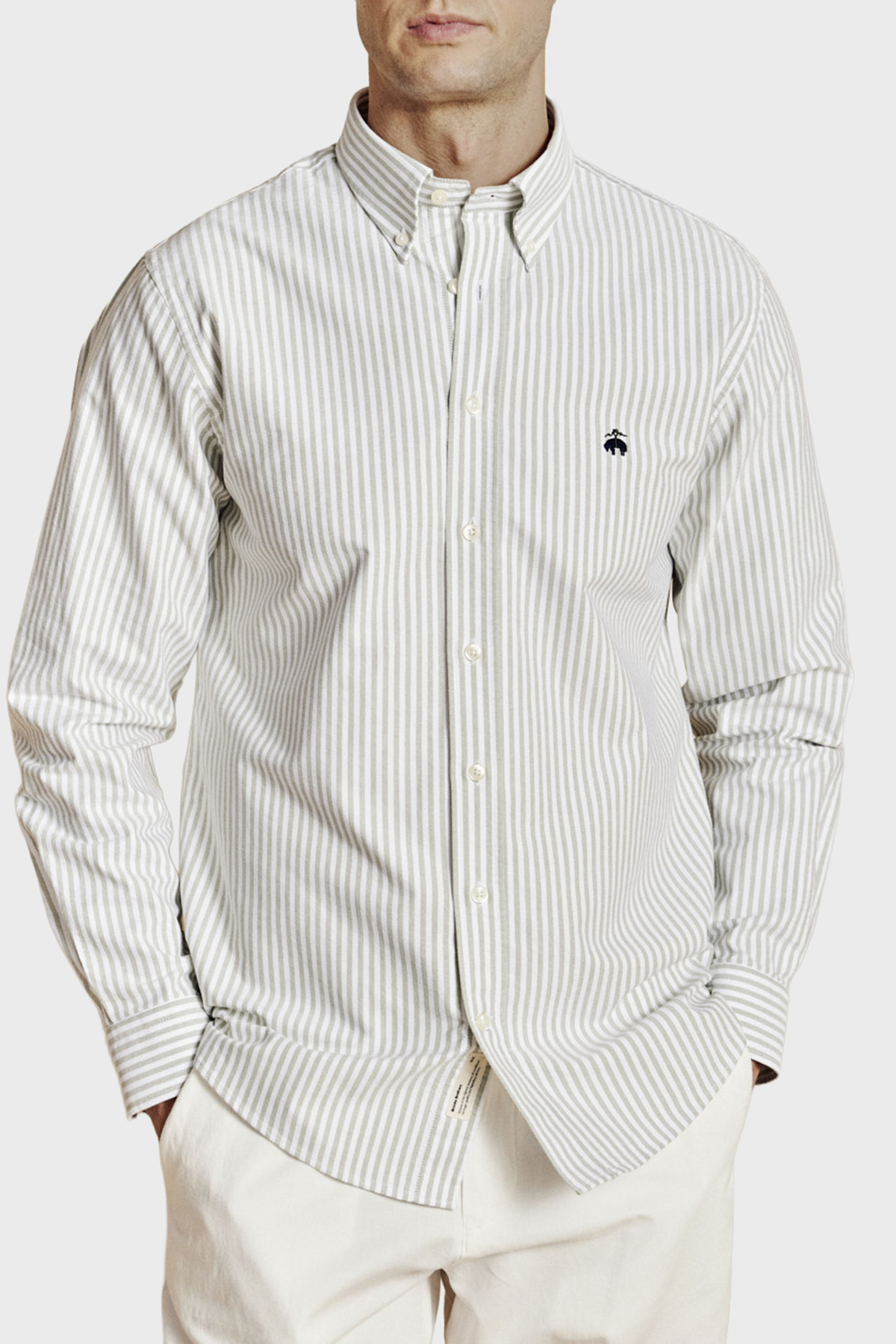 Brooks Brothers Düğmeli Yaka Regular Fit %100 Pamuk Oxford Çizgili Erkek Gömlek BBSS26MSH021166 YEŞİL-BEYAZ