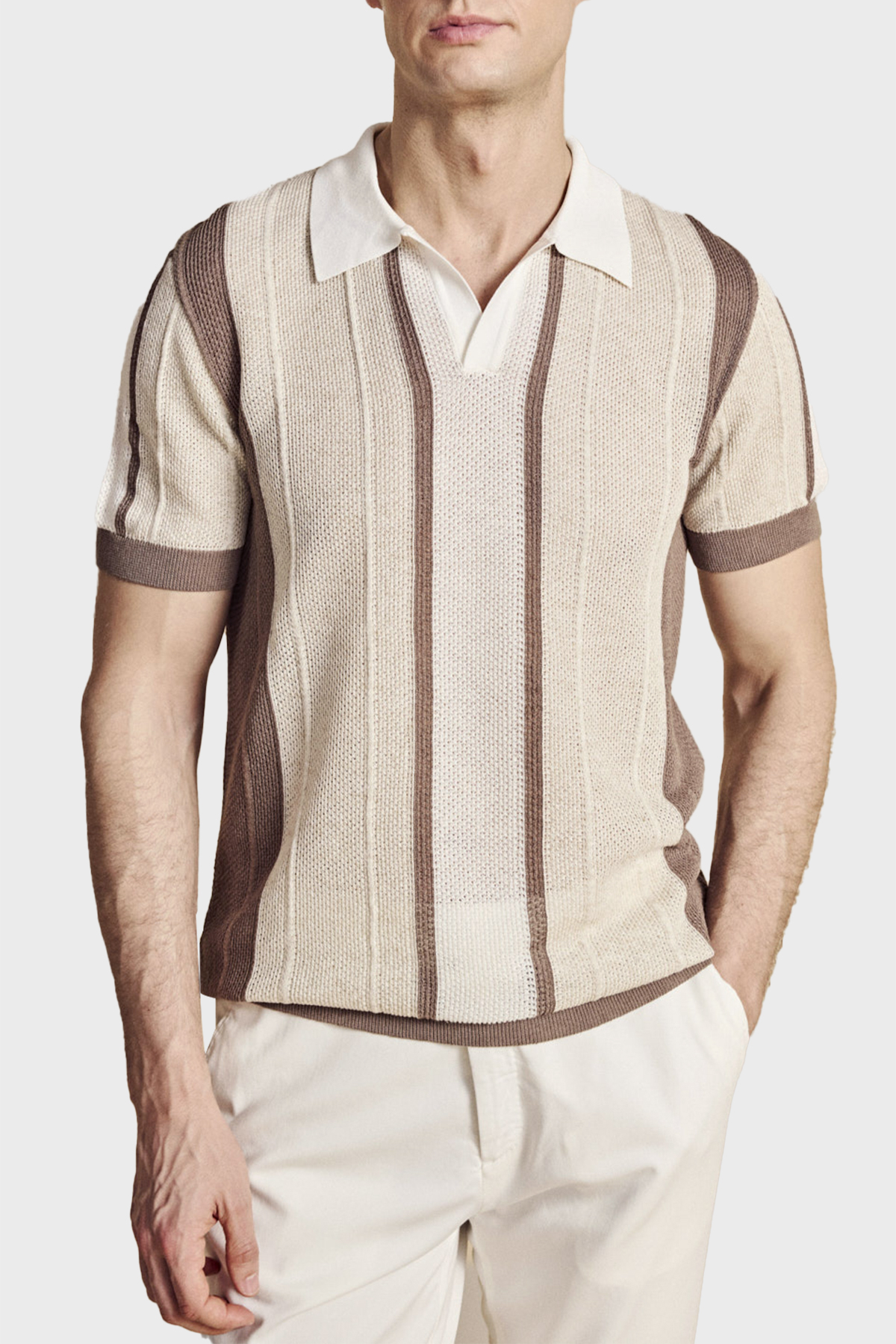 Brooks Brothers Düğmesiz Çizgili Keten Karışımlı Kısa Kollu Erkek Polo Yaka Kazak BBSS26MKL008463 Vizon-Ekru-Beyaz