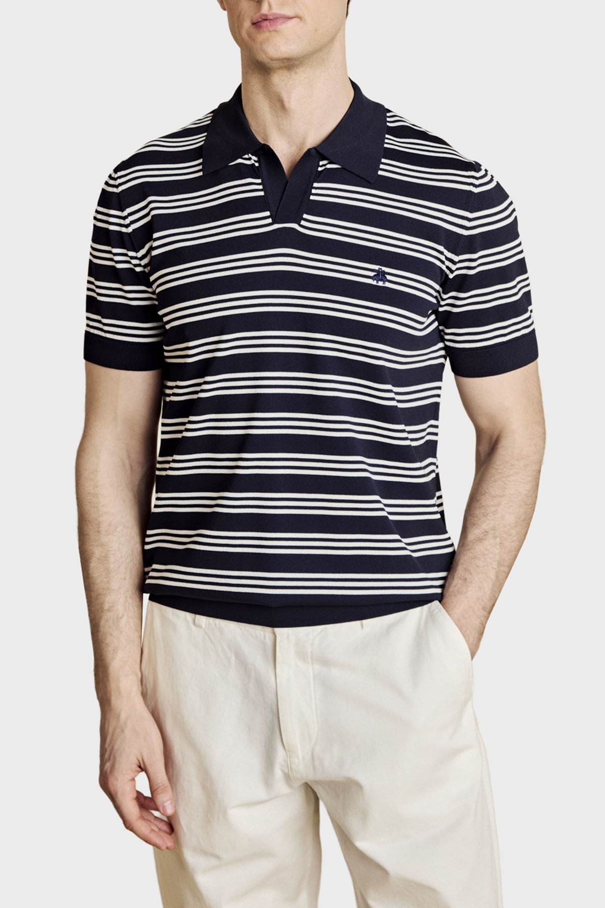 Brooks Brothers Düğmesiz Çizgili Rayon Kısa Kollu Erkek Polo Yaka Kazak BBSS26MKL013388 Lacivert Kırık Beyaz