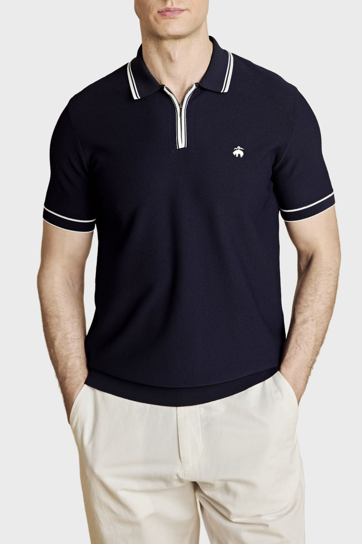 Brooks Brothers Petek Örgü Rayon Kısa Kollu Fermuarlı Erkek Polo Yaka Kazak BBSS26MKL007388 Lacivert Kırık Beyaz