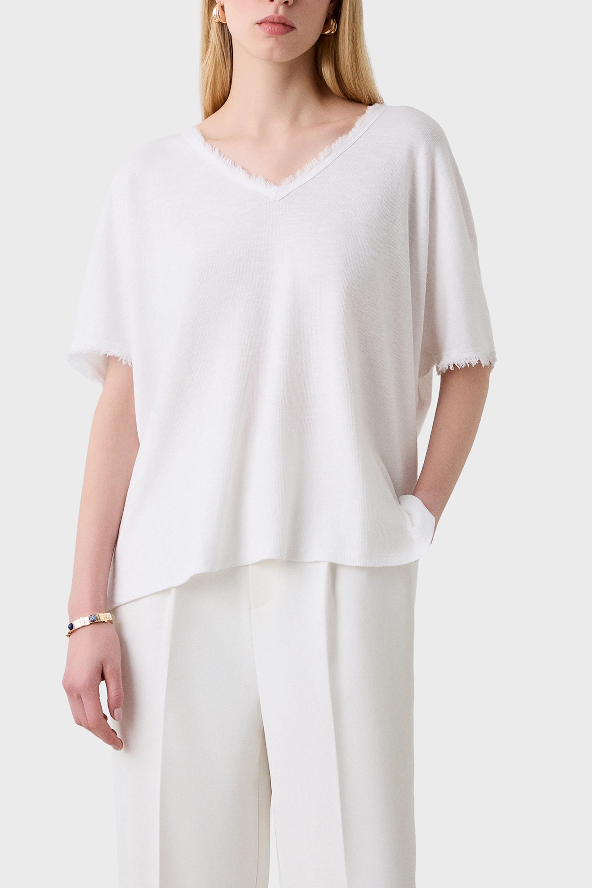 BSB Pamuk Karışımlı Oversize V Yaka Kadın Bluz 053-210132.002 BEYAZ