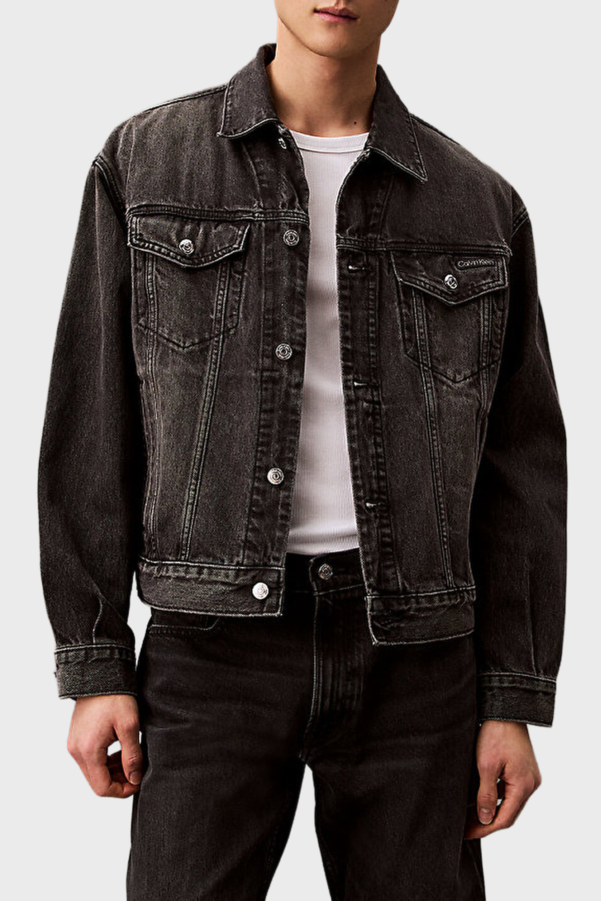 Calvin Klein % 100 Pamuk Comfort Fit Göğüs Cepli  LV04RB796GRDD Erkek Kot Ceket LV04RB796G RDD SİYAH