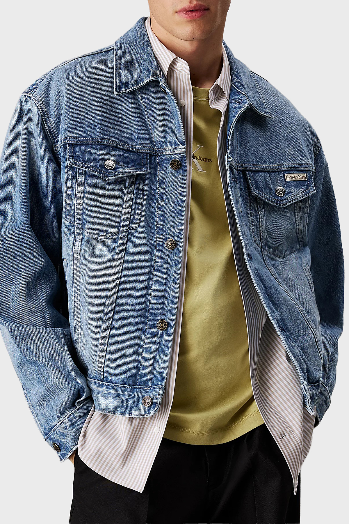 Calvin Klein % 100 Pamuk Comfort Fit Uzun Kollu  LV04RB794GUBE Erkek Kot Ceket LV04RB794G UBE MAVİ