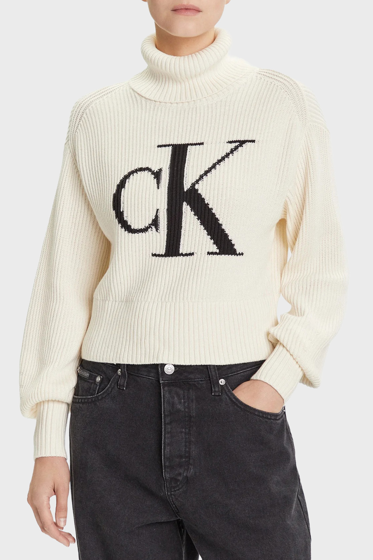 Calvin Klein % 100 Pamuk Loose Fit Balıkçı Yaka Logolu  LV047D349G101 Kadın Kazak LV047D349G 101 BEYAZ