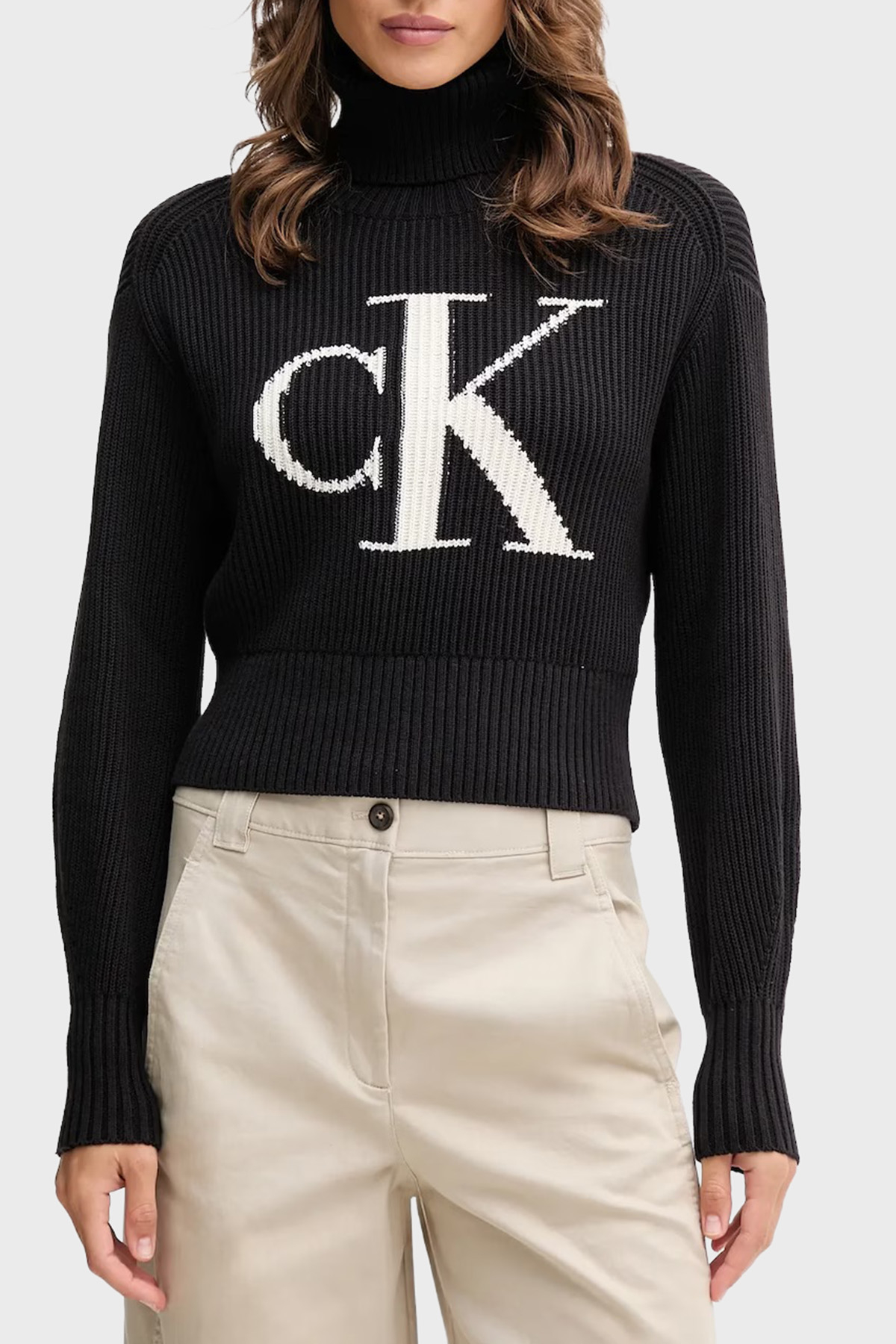 Calvin Klein % 100 Pamuk Loose Fit Balıkçı Yaka Logolu  LV047D349GUB1 Kadın Kazak LV047D349G UB1 SİYAH