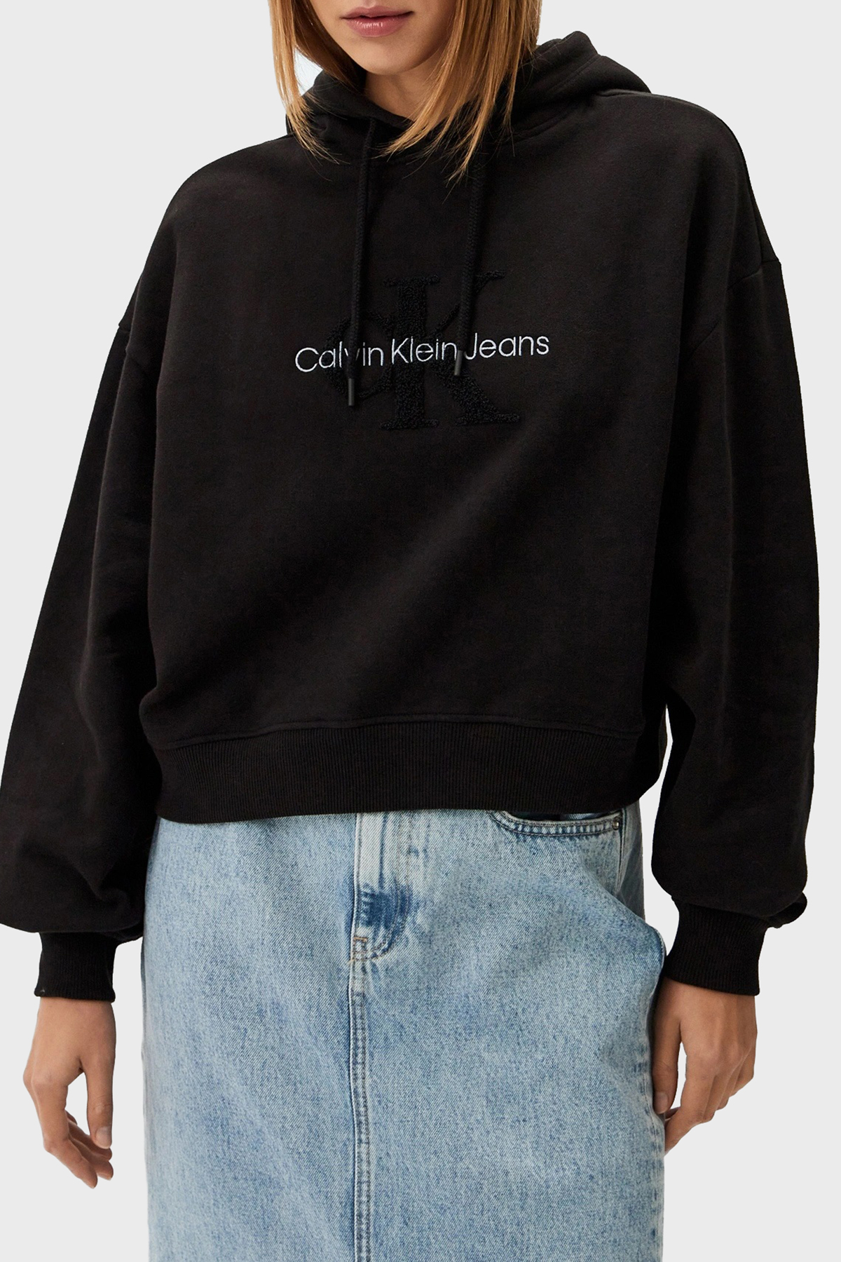Calvin Klein % 100 Pamuk Oversize Fit Kapüşonlu Crop  J20J224170BEH Kadın Sweat J20J224170 BEH SİYAH