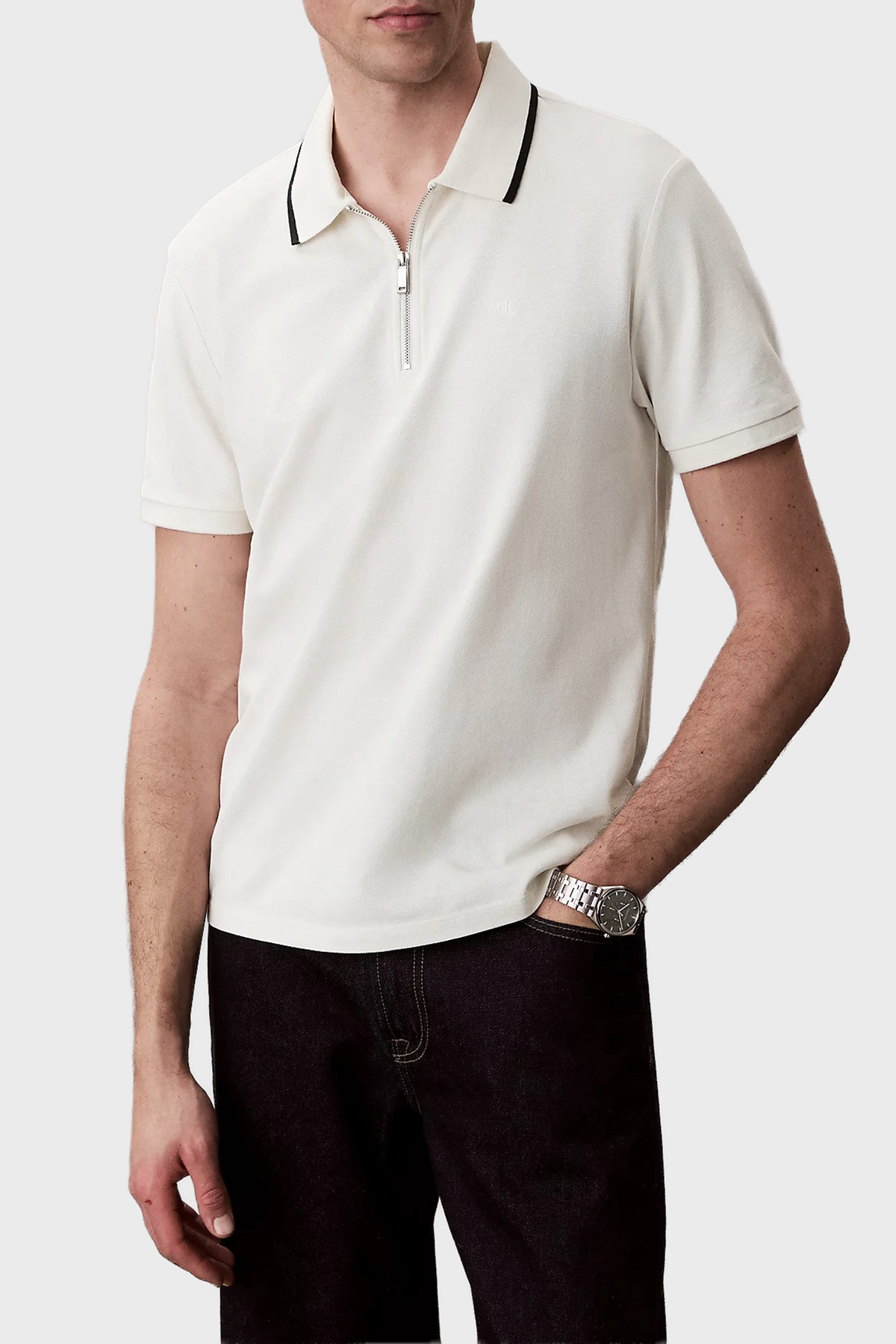 Calvin Klein % 100 Pamuk Regular Fit Yarım Fermuarlı  LV04LF214GYAS Erkek Polo LV04LF214G YAS KREM