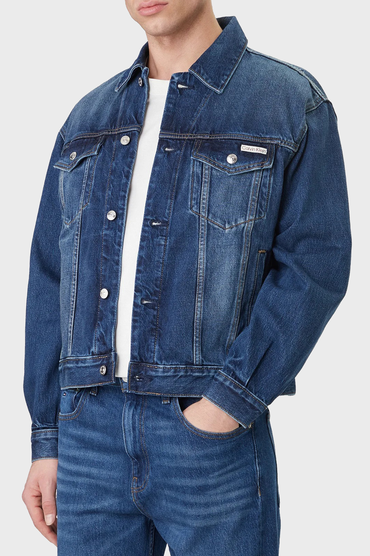 Calvin Klein % 100 Pamuklu Regular Fit Klasik Yaka  LV04RF705GPTT Erkek Kot Ceket LV04RF705G PTT LACİVERT
