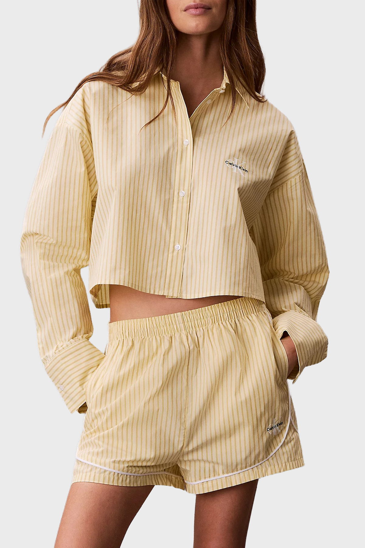 Calvin Klein Çizgili Cropped Fit Pamuklu Poplin  LV00QS7605W5W Kadın Gömlek LV00QS7605 W5W SARI