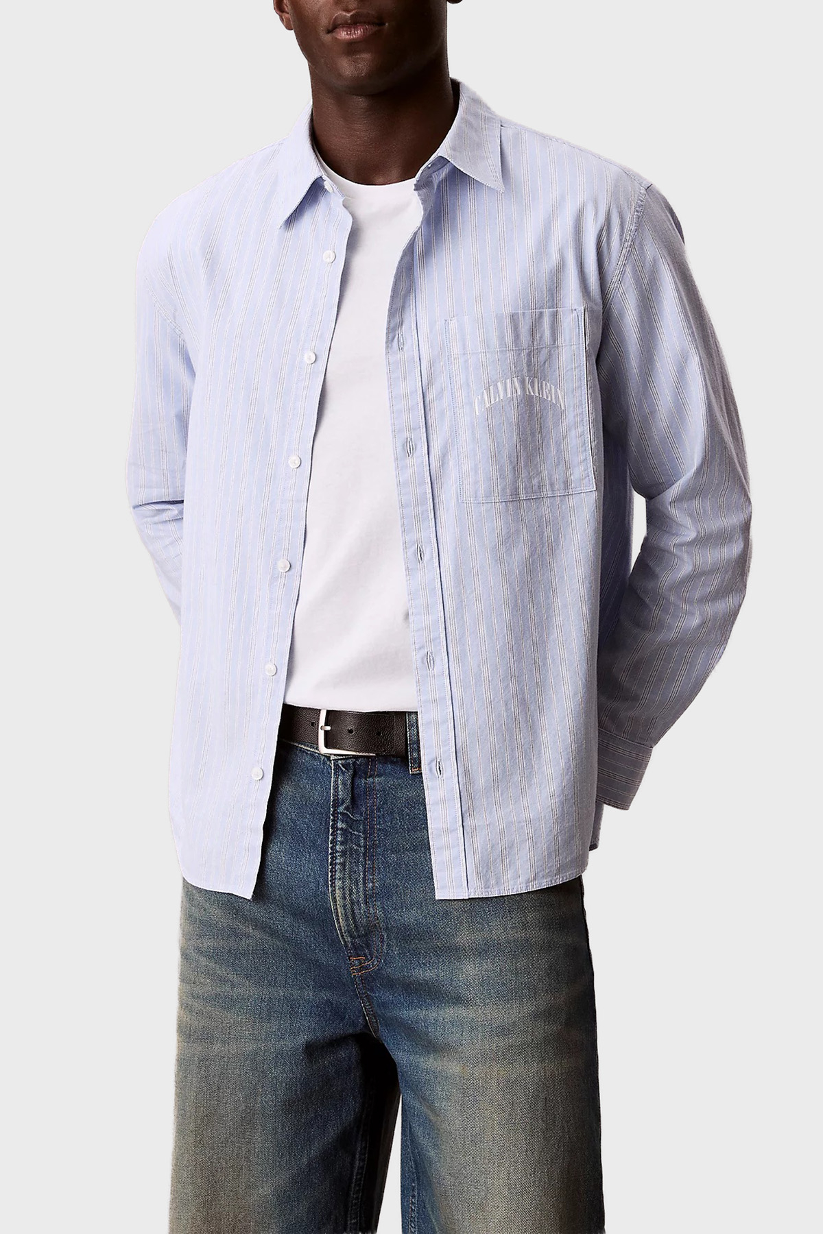 Calvin Klein Çizgili Pamuklu Relaxed Fit Uzun Kollu  LV04RF104GCBE Erkek Gömlek LV04RF104G CBE MAVİ