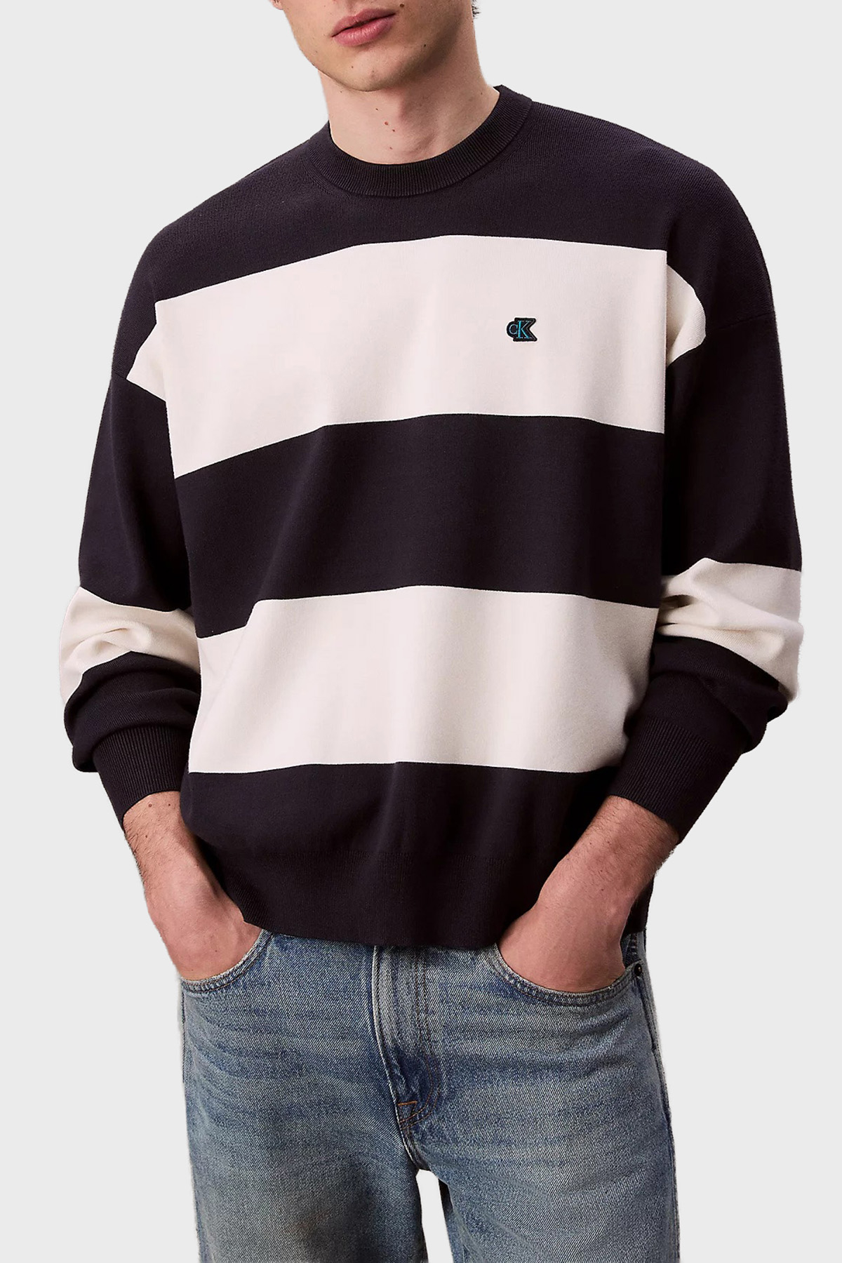 Calvin Klein Çizgili Relaxed Fit Bisiklet Yaka  LV04RC304GCHW Erkek Kazak LV04RC304G CHW LACİVERT-BEYAZ