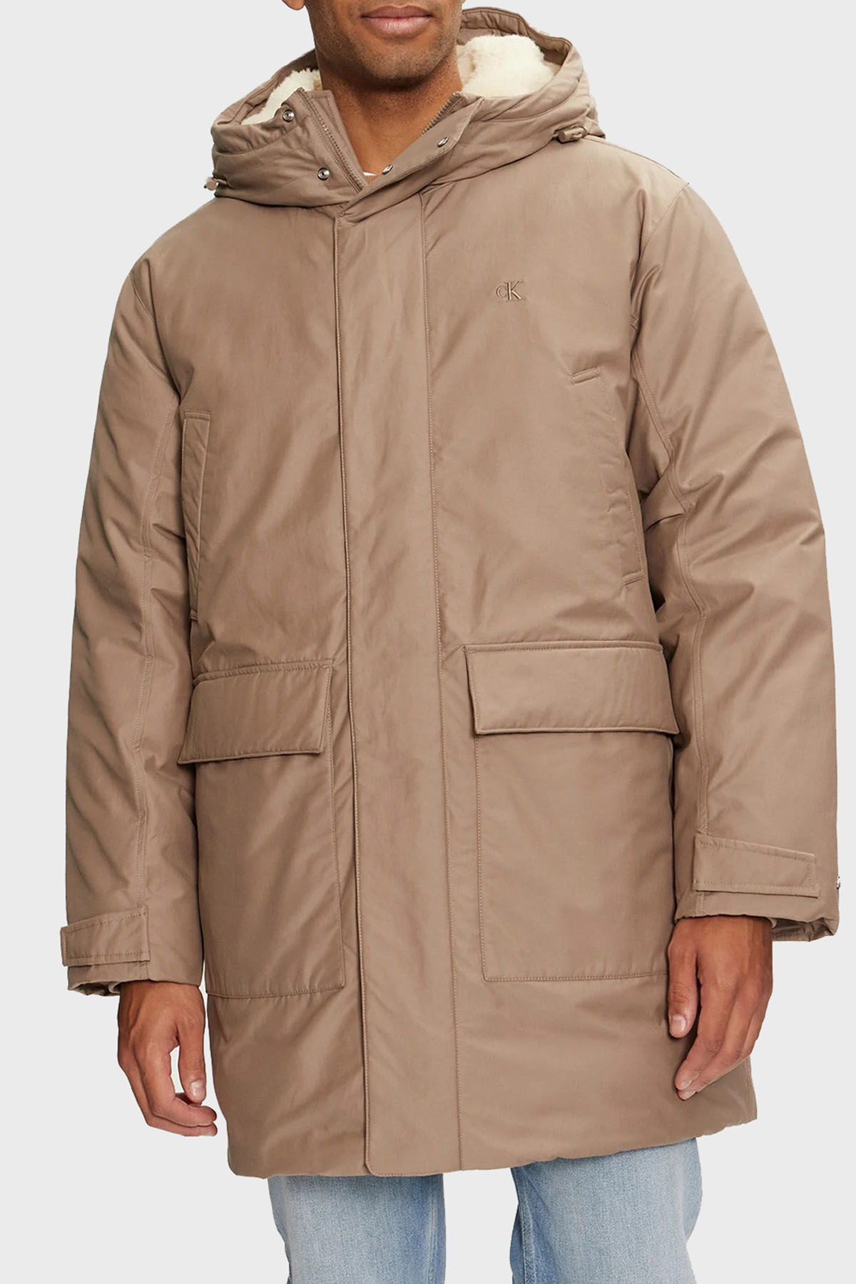 Calvin Klein Dolgulu Pamuklu Relaxed Fit Kapüşonlu Uzun  J30J326082PAV Erkek Parka J30J326082 PAV GRİ
