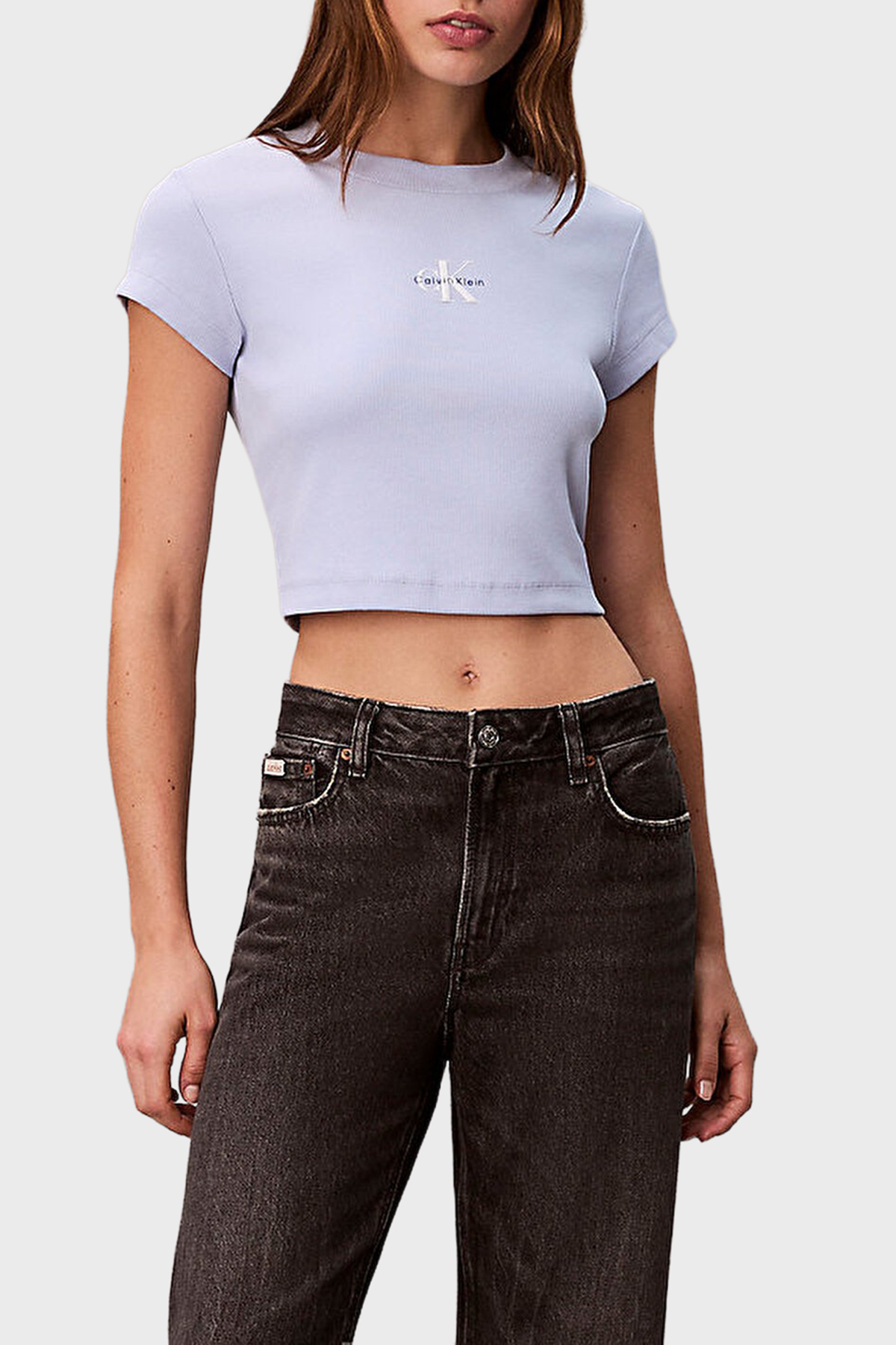 Calvin Klein Fitilli Pamuklu Slim Fit Bisiklet Yaka Crop  LV047AB802TKF Kadın T Shirt LV047AB802 TKF MAVİ
