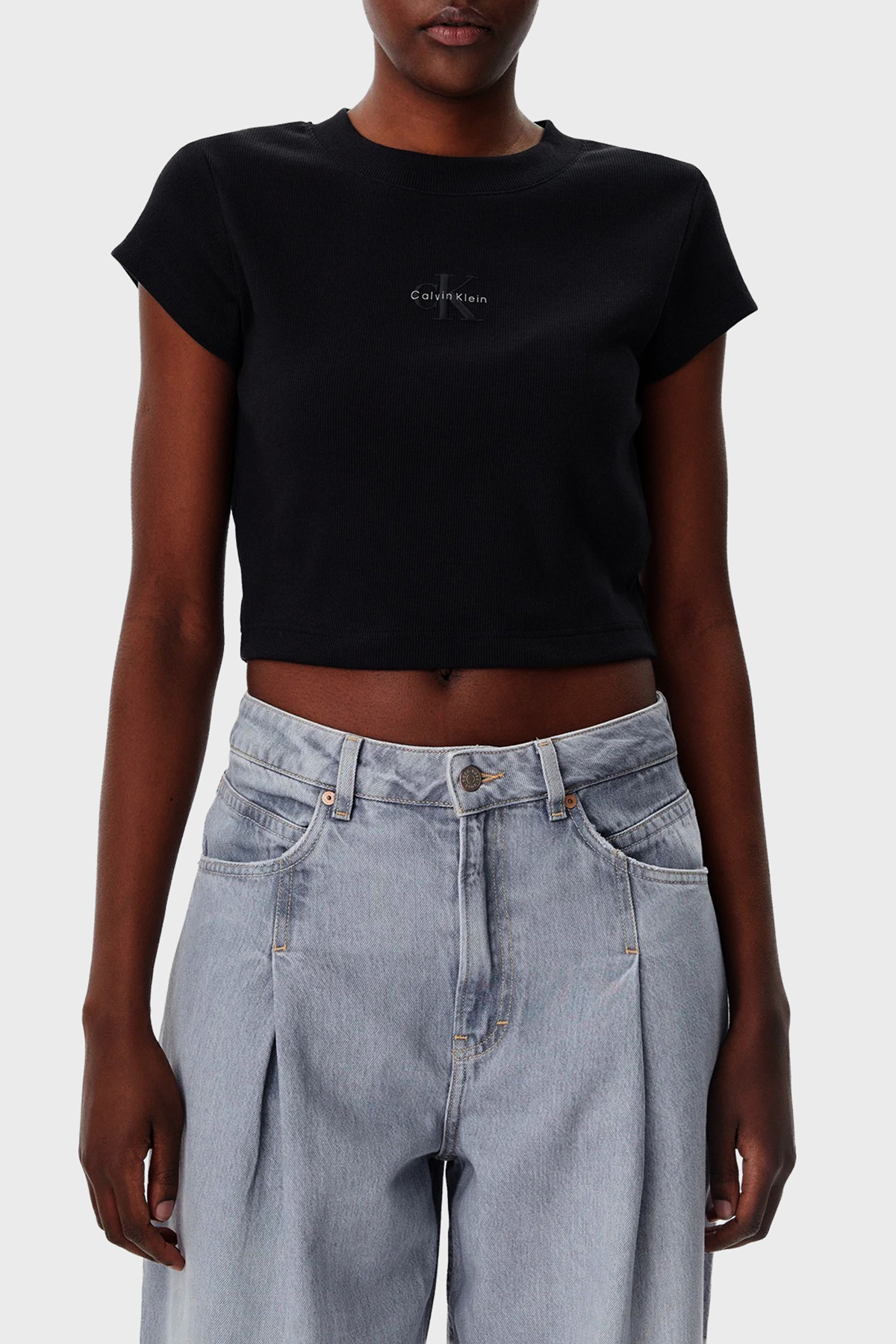 Calvin Klein Fitilli Pamuklu Slim Fit Bisiklet Yaka Crop   LV047AB802UB1 Kadın T Shirt LV047AB802 UB1 SİYAH