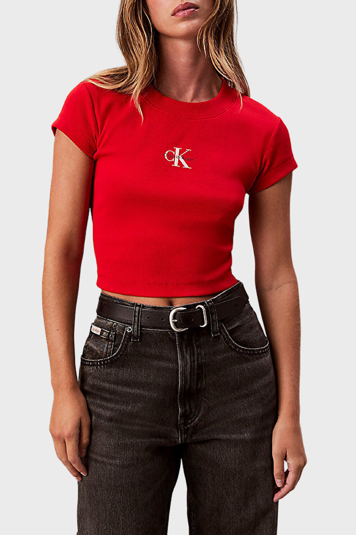 Calvin Klein Fitilli Pamuklu Slim Fit Bisiklet Yaka Crop  LV047AB802VMT Kadın T Shirt LV047AB802 VMT KIRMIZI