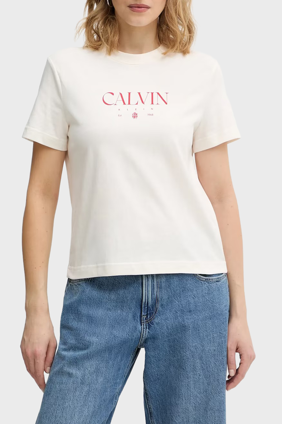 Calvin Klein Logolu % 100 Pamuk Slim Fit Bisiklet Yaka  LV047E813GYBH Kadın T Shirt LV047E813G YBH KREM