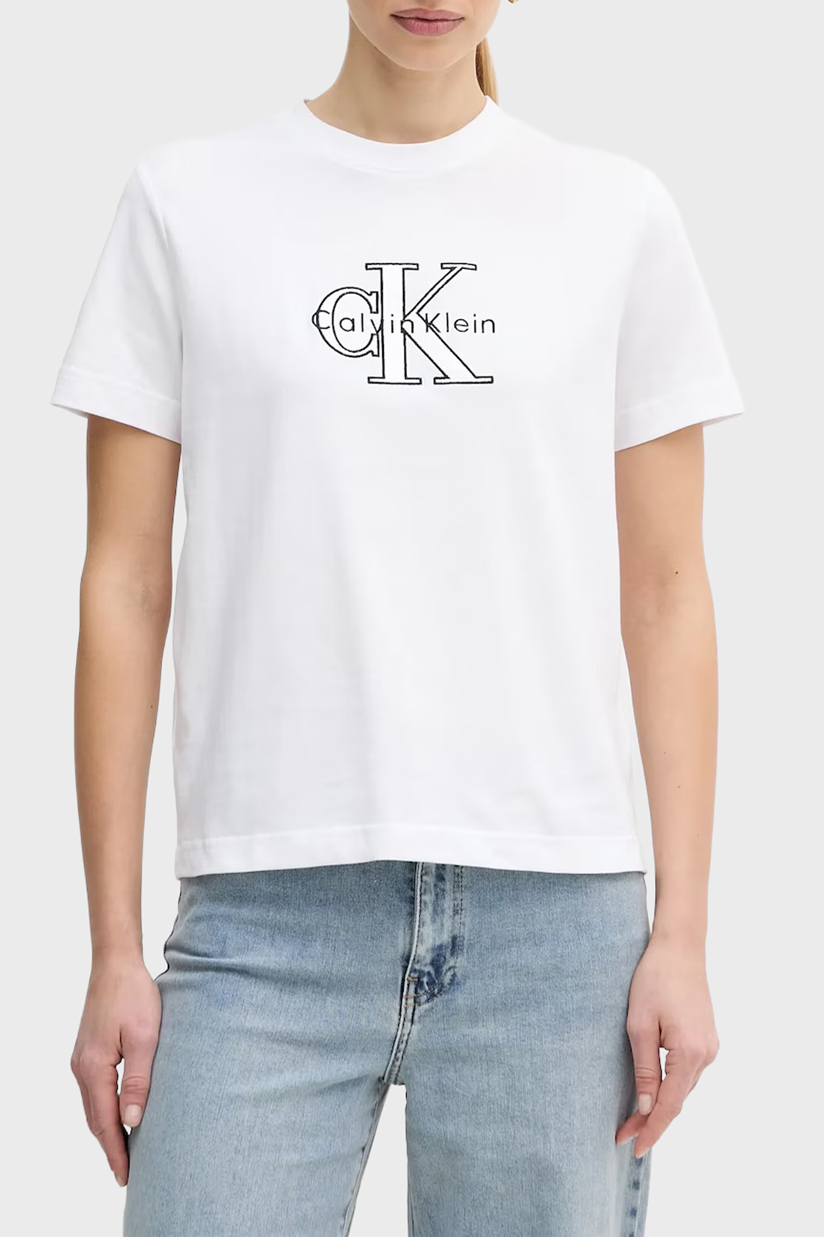 Calvin Klein Logolu Pamuklu Regular Fit Bisiklet Yaka  LV047E819GYAA Kadın T Shirt LV047E819G YAA BEYAZ
