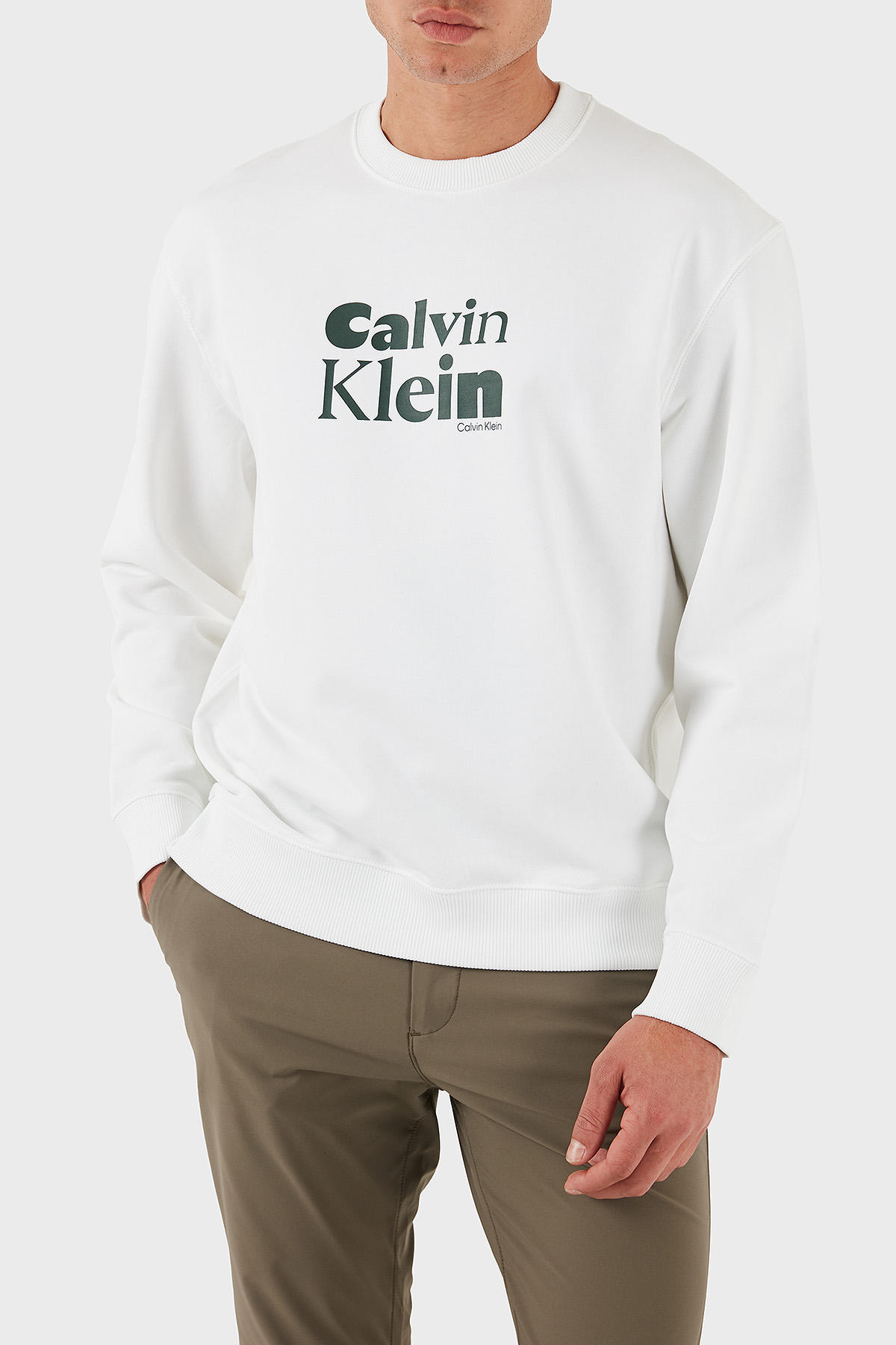 Calvin Klein Logolu Pamuklu Relaxed Fit Bisiklet Yaka  LV04LD242GYAF Erkek Sweat LV04LD242G YAF BEYAZ