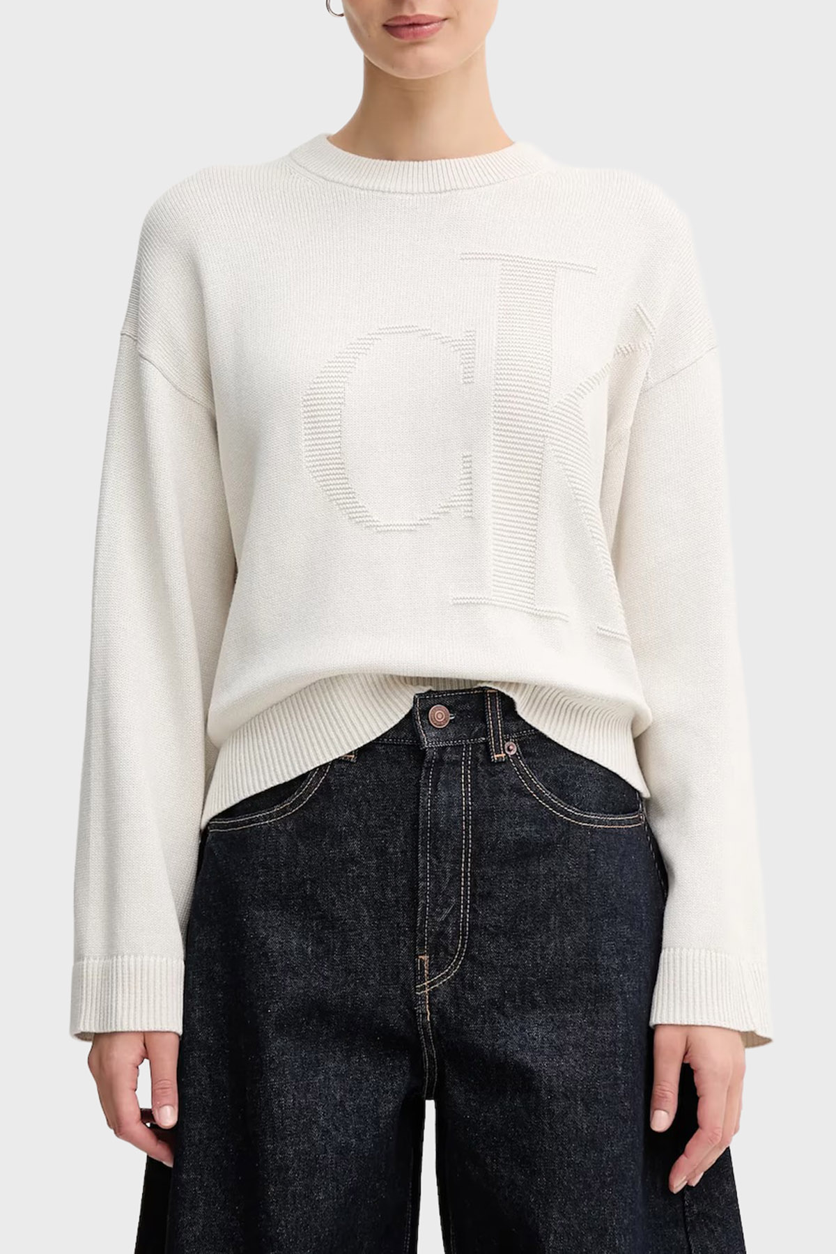 Calvin Klein Logolu Pamuklu Relaxed Fit Bisiklet Yaka Örme  LV047D304G67U Kadın Kazak LV047D304G 67U BEYAZ