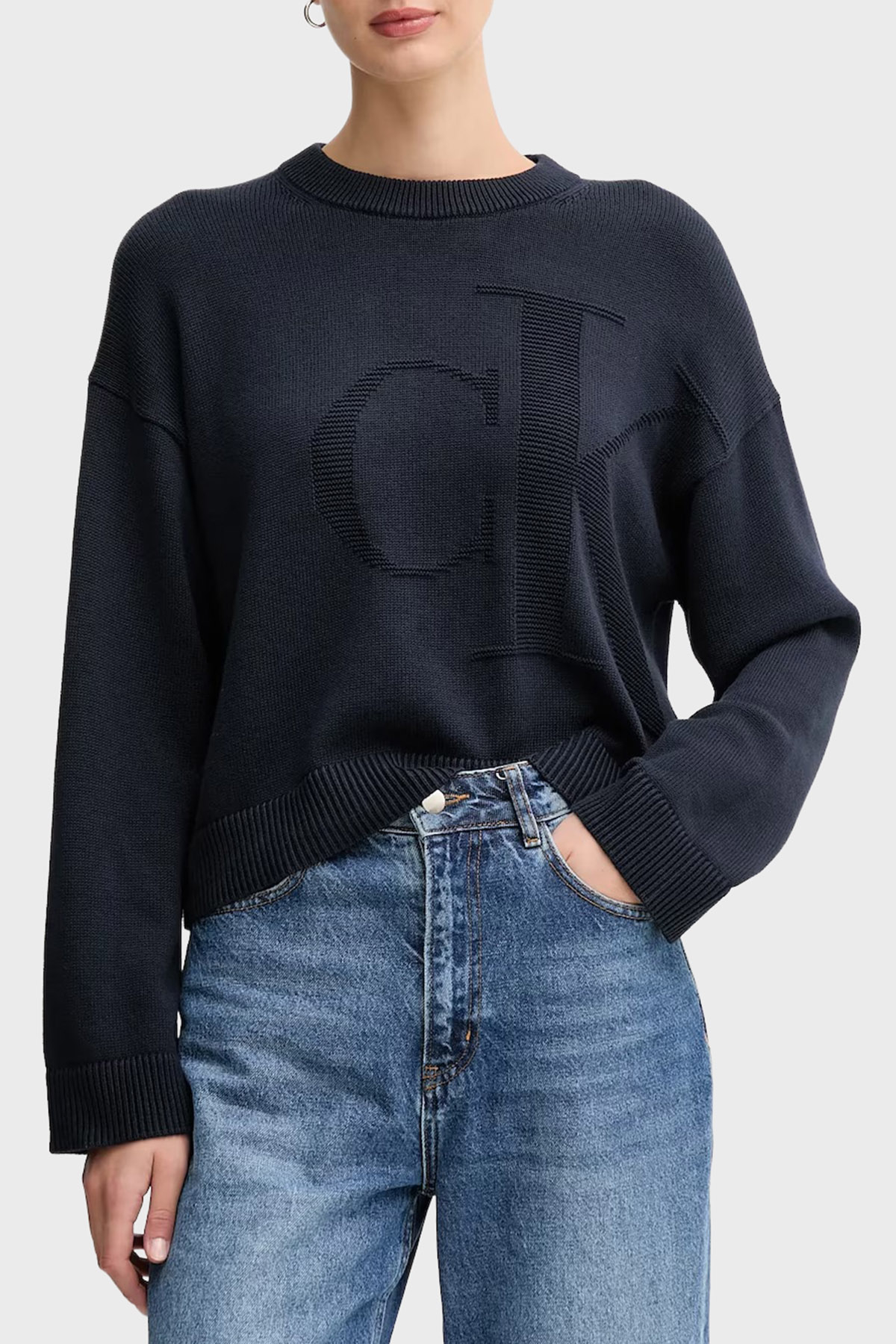Calvin Klein Logolu Pamuklu Relaxed Fit Bisiklet Yaka Örme  LV047D304GCEF Kadın Kazak LV047D304G CEF LACİVERT