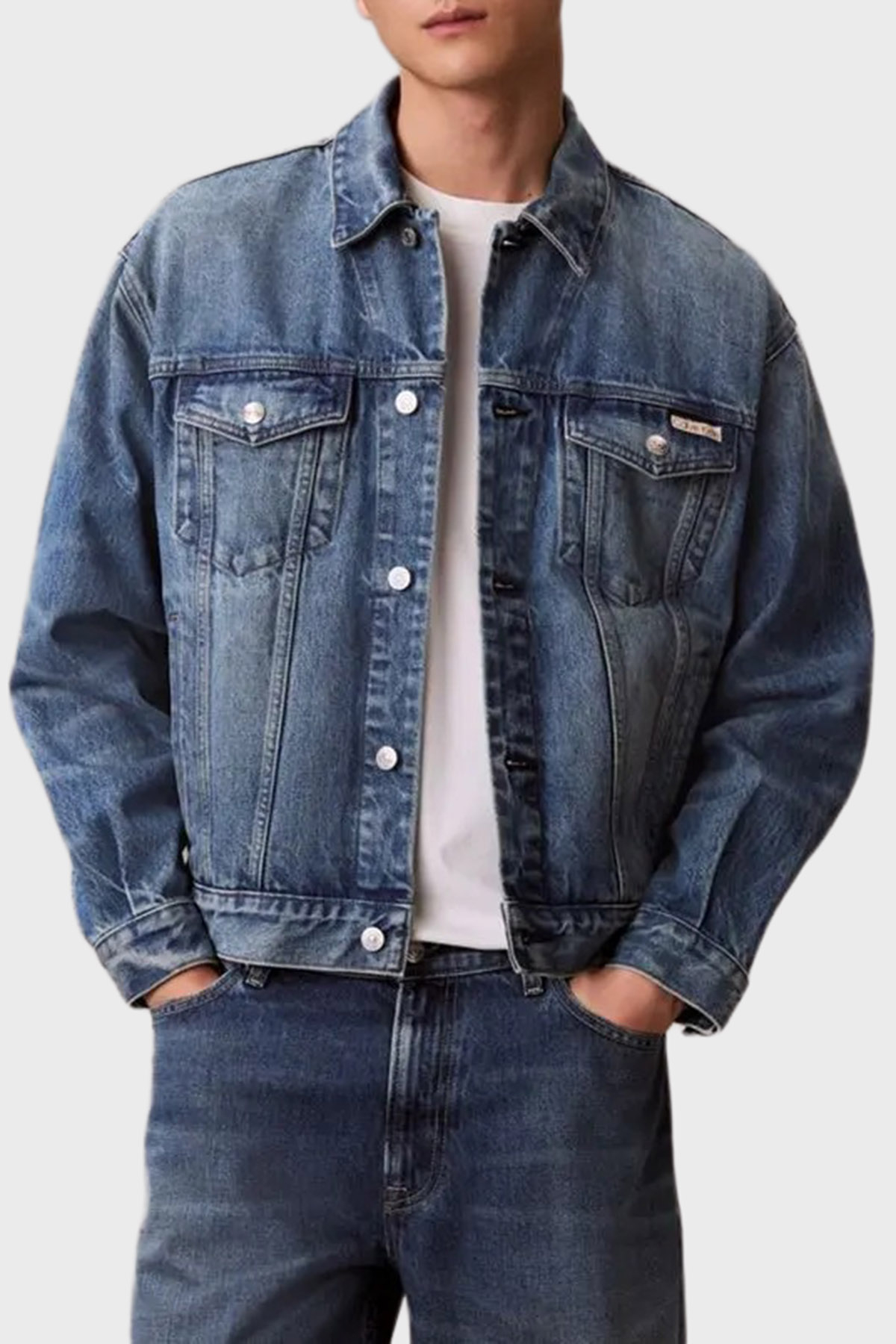 Calvin Klein Logolu Pamuklu Relaxed Fit Düğmeli  LV04RD706GZY2 Erkek Kot Ceket LV04RD706G ZY2 MAVİ