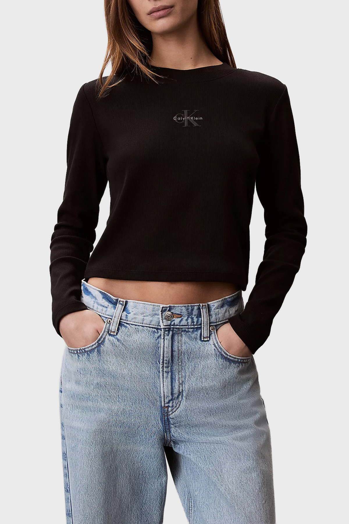 Calvin Klein Logolu Pamuklu Slim Fit Bisiklet Yaka Uzun Kollu  LV047A803GUB1 Kadın T Shirt LV047A803G UB1 SİYAH