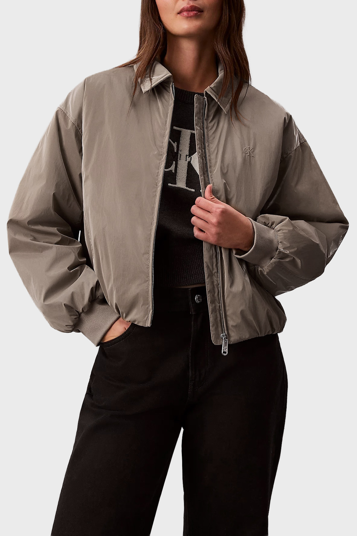 Calvin Klein Logolu Relaxed Fit Klasik Yaka Bomber  LV047E508GVFU Kadın Ceket LV047E508G VFU VİZON