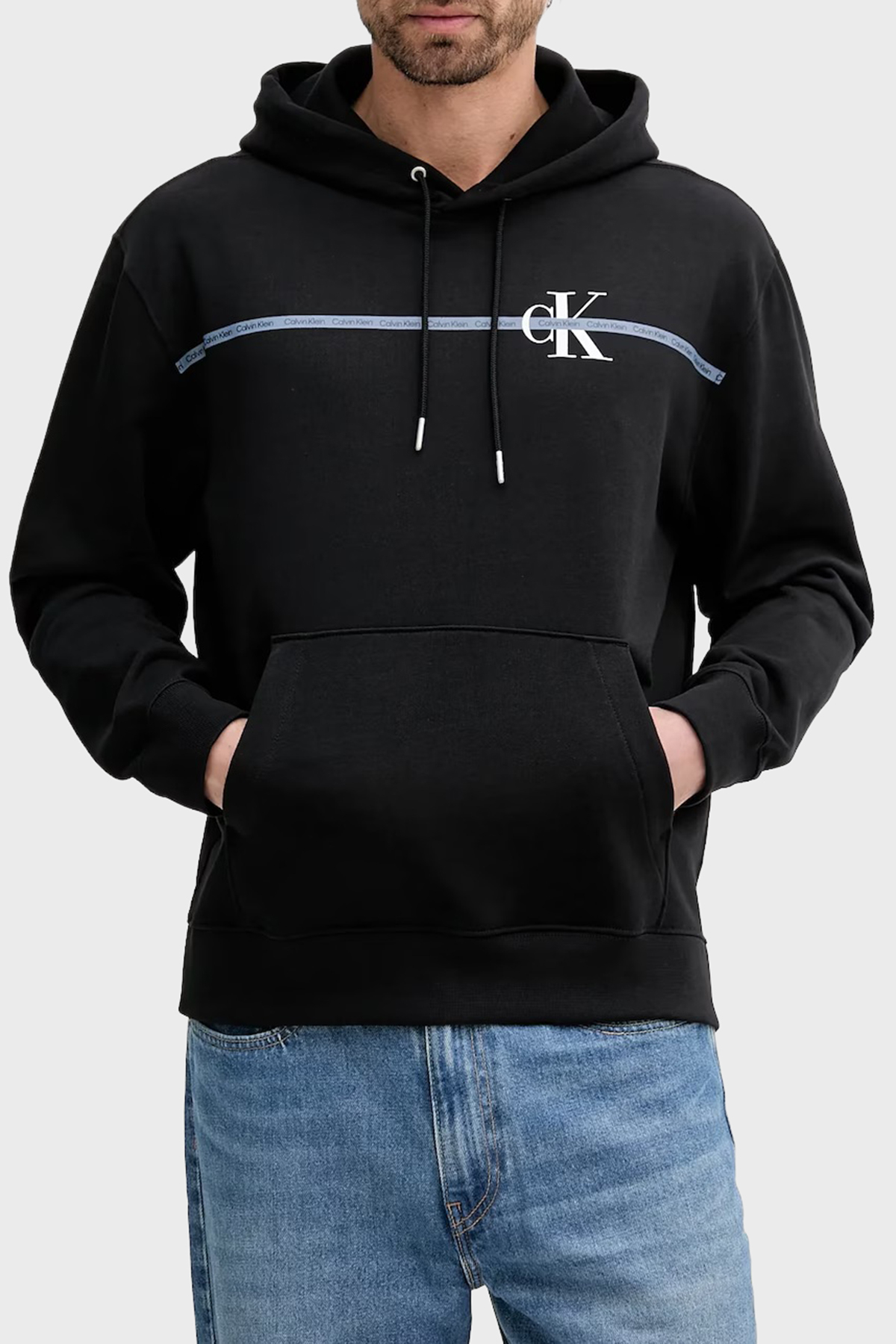 Calvin Klein Logolu Şerit Detaylı Regular Fit Kapüşonlu  LV04RC289GUB1 Erkek Sweat LV04RC289G UB1 SİYAH