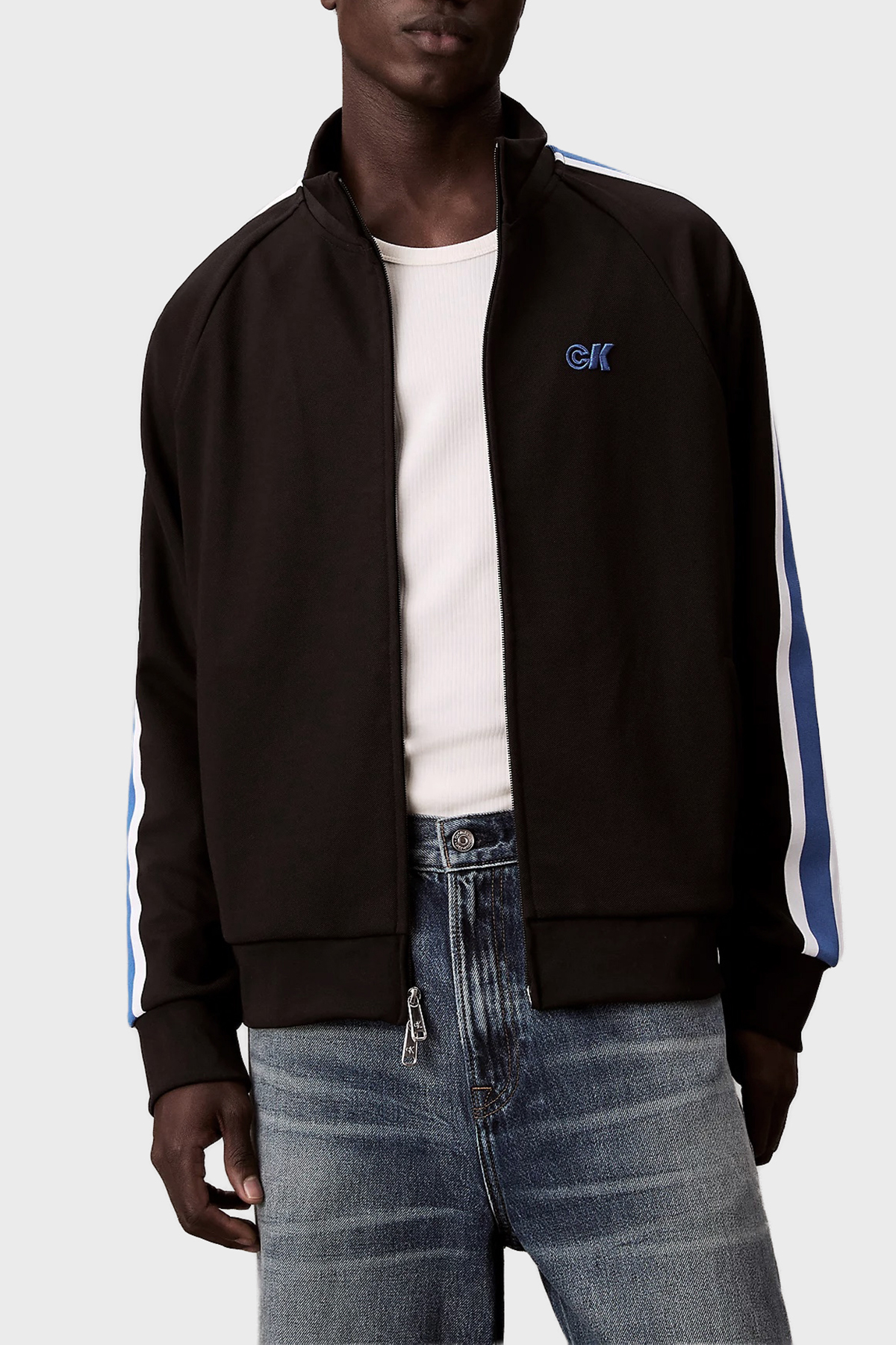 Calvin Klein Logolu Şerit Detaylı Relaxed Fit Dik Yaka  LV04RC231GUB1 Erkek Sweat LV04RC231G UB1 SİYAH